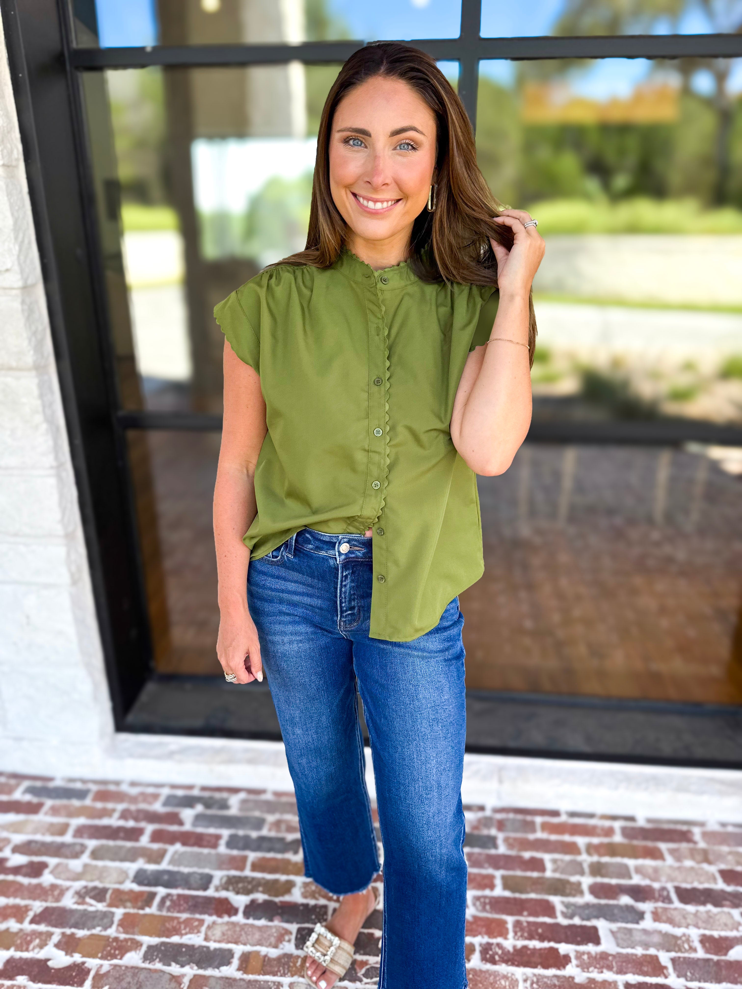 Ric Rac Button Down Top - Olive-200 Fashion Blouses-ENTRO-July & June Women's Fashion Boutique Located in San Antonio, Texas