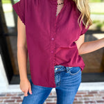 Ric Rac Button Down Top - Wine-200 Fashion Blouses-ENTRO-July & June Women's Fashion Boutique Located in San Antonio, Texas