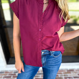 Ric Rac Button Down Top - Wine-200 Fashion Blouses-ENTRO-July & June Women's Fashion Boutique Located in San Antonio, Texas