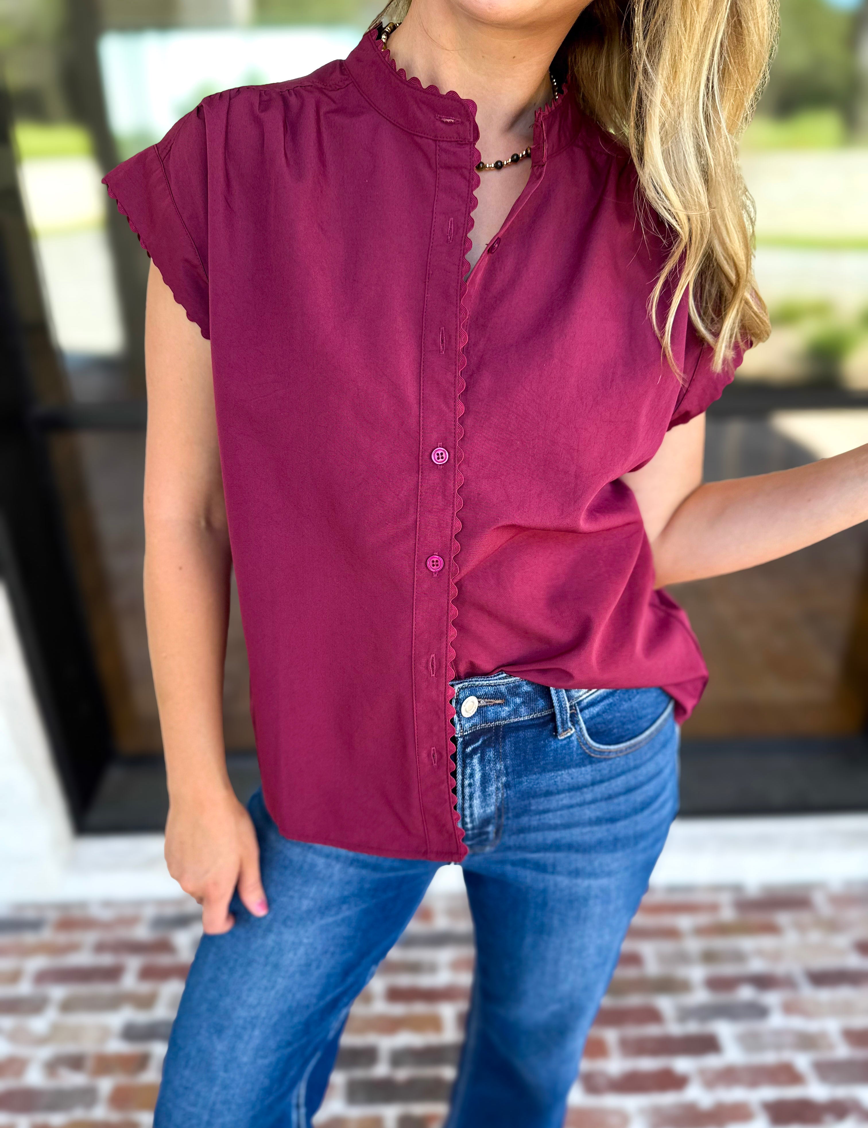 Ric Rac Button Down Top - Wine-200 Fashion Blouses-ENTRO-July & June Women's Fashion Boutique Located in San Antonio, Texas