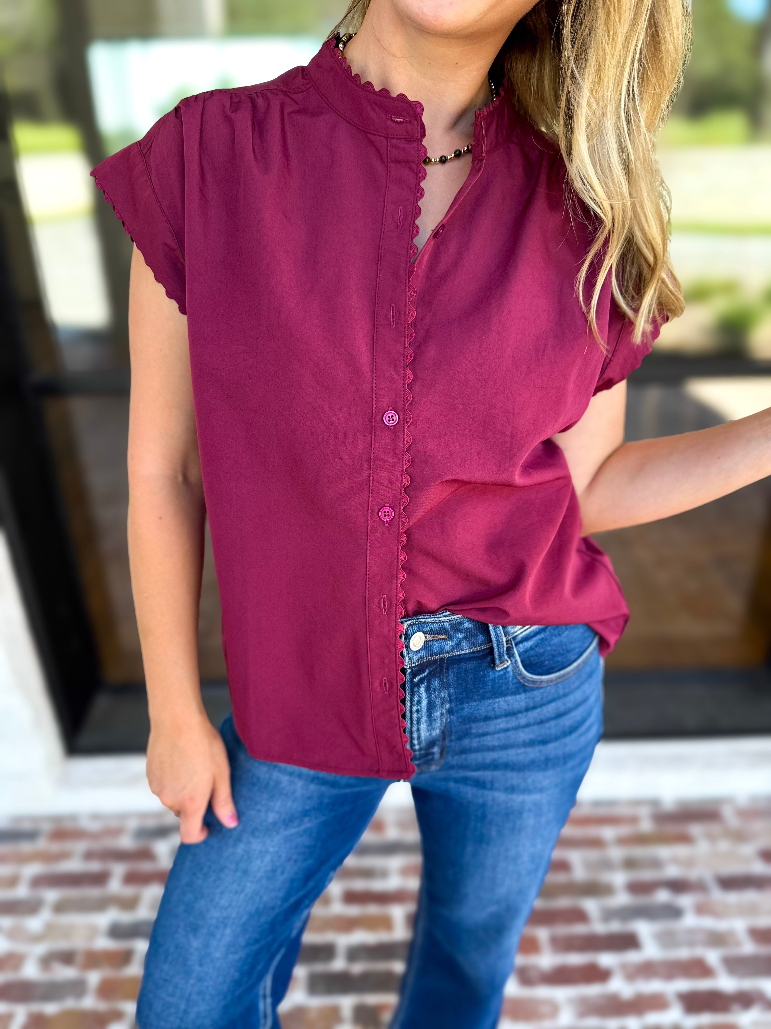 Ric Rac Button Down Top - Wine-200 Fashion Blouses-ENTRO-July & June Women's Fashion Boutique Located in San Antonio, Texas