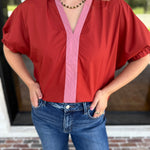 Contrast Chic Blouse - Terracotta-200 Fashion Blouses-ENTRO-July & June Women's Fashion Boutique Located in San Antonio, Texas