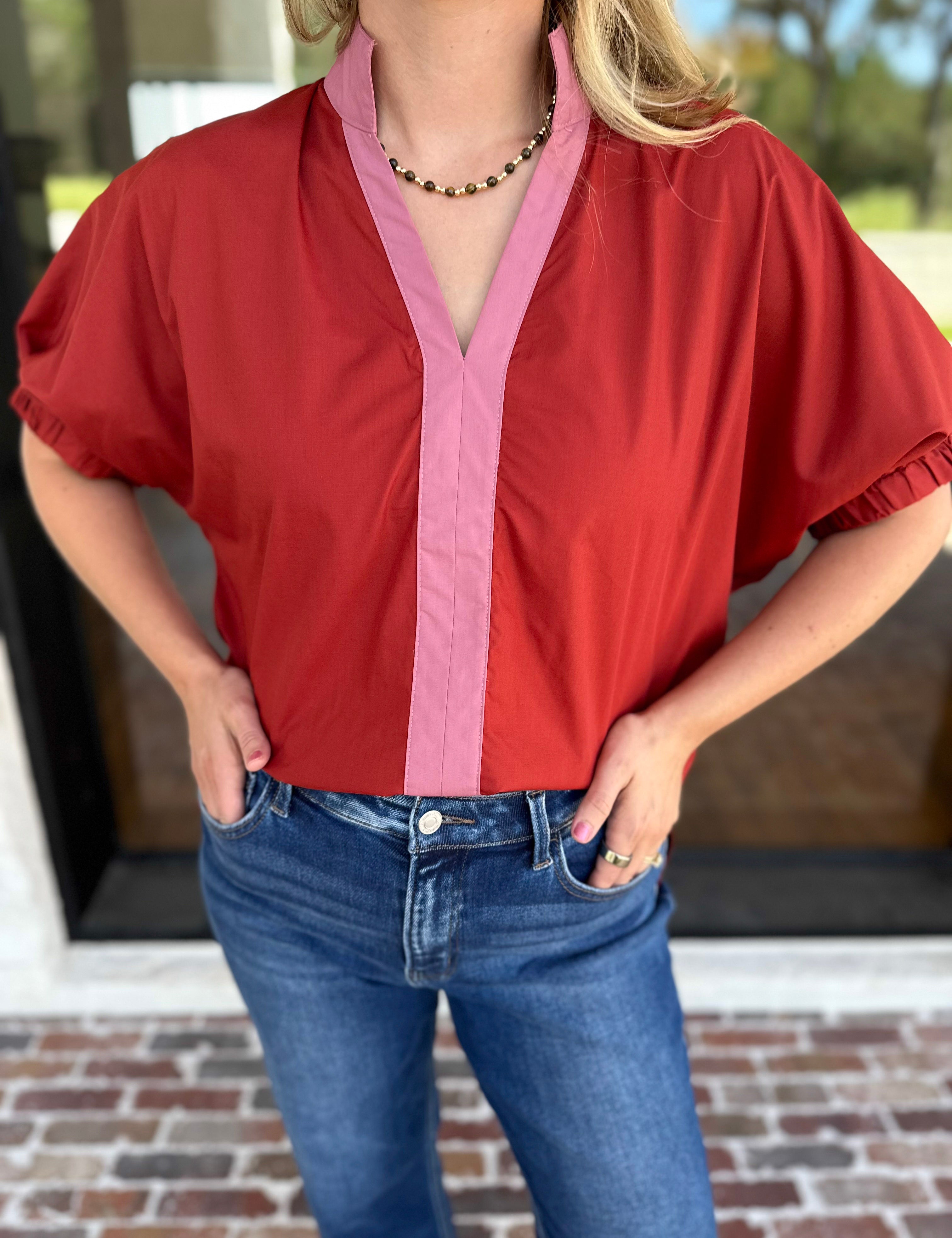 Contrast Chic Blouse - Terracotta-200 Fashion Blouses-ENTRO-July & June Women's Fashion Boutique Located in San Antonio, Texas