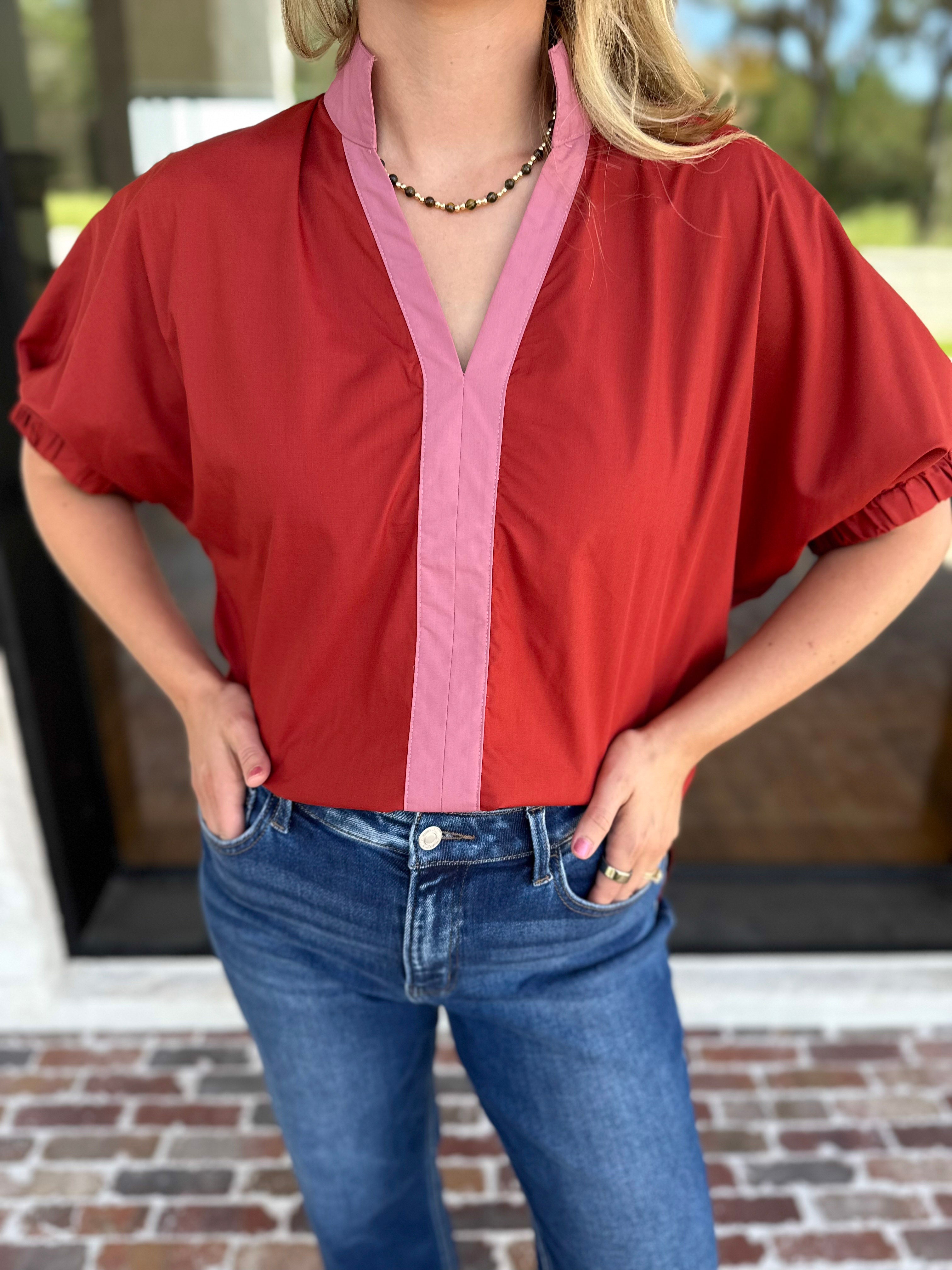 Contrast Chic Blouse - Terracotta-200 Fashion Blouses-ENTRO-July & June Women's Fashion Boutique Located in San Antonio, Texas