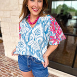 THML - Blue Watercolor Embroidered Blouse-200 Fashion Blouses-THML-July & June Women's Fashion Boutique Located in San Antonio, Texas