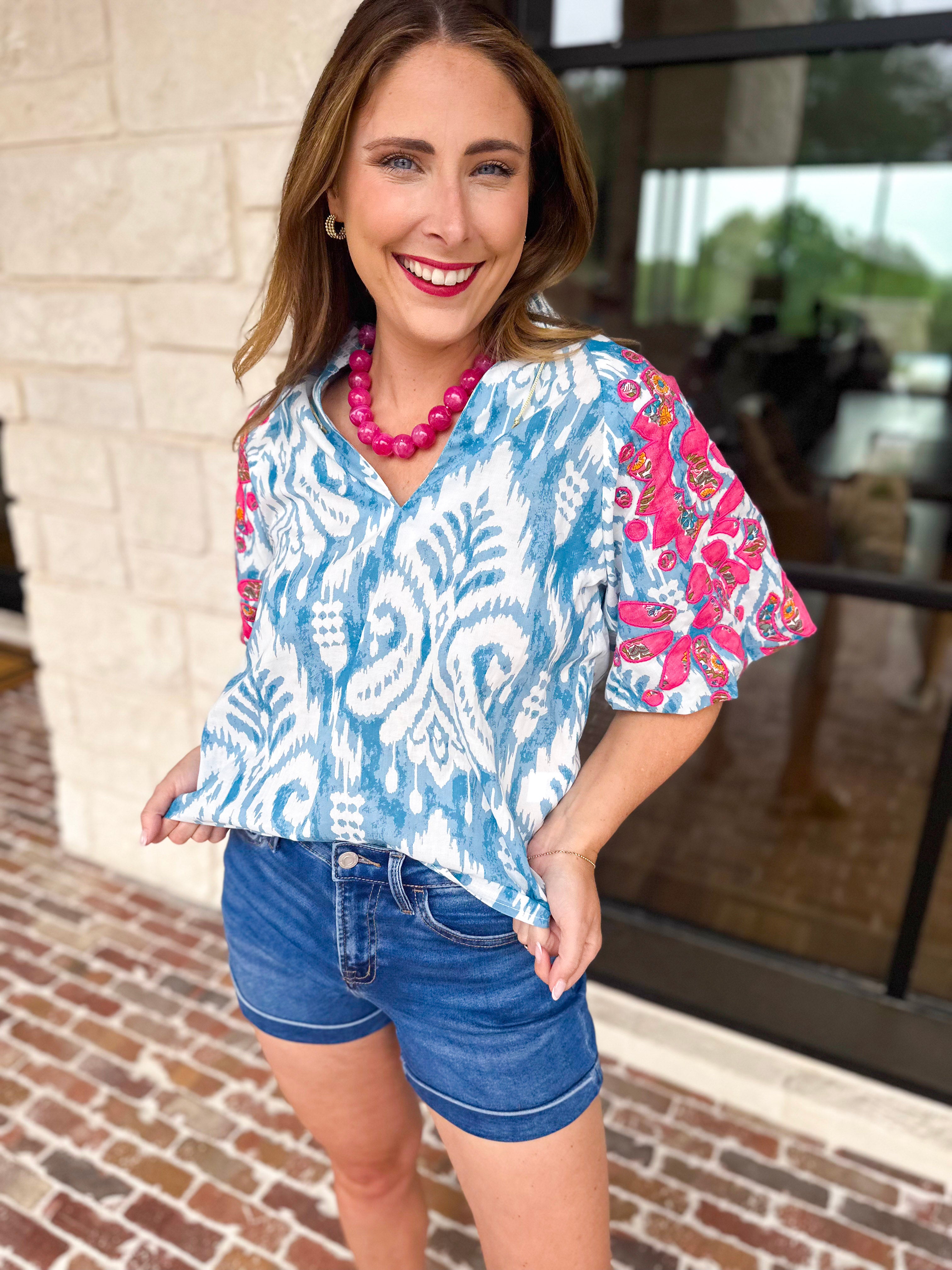 THML - Blue Watercolor Embroidered Blouse-200 Fashion Blouses-THML-July & June Women's Fashion Boutique Located in San Antonio, Texas