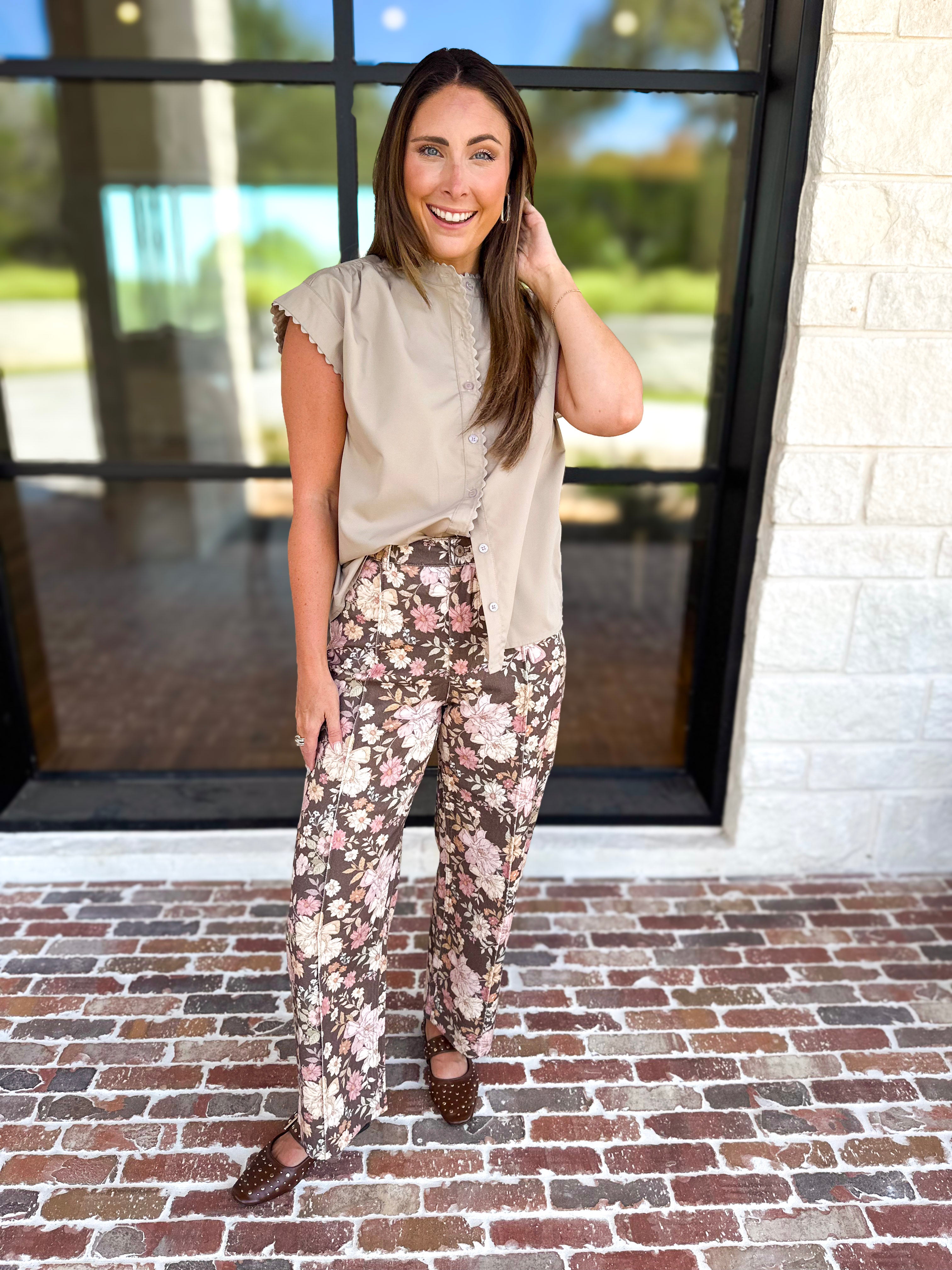 Fall Floral Denim Pants - Brown-400 Pants-ENTRO-July & June Women's Fashion Boutique Located in San Antonio, Texas