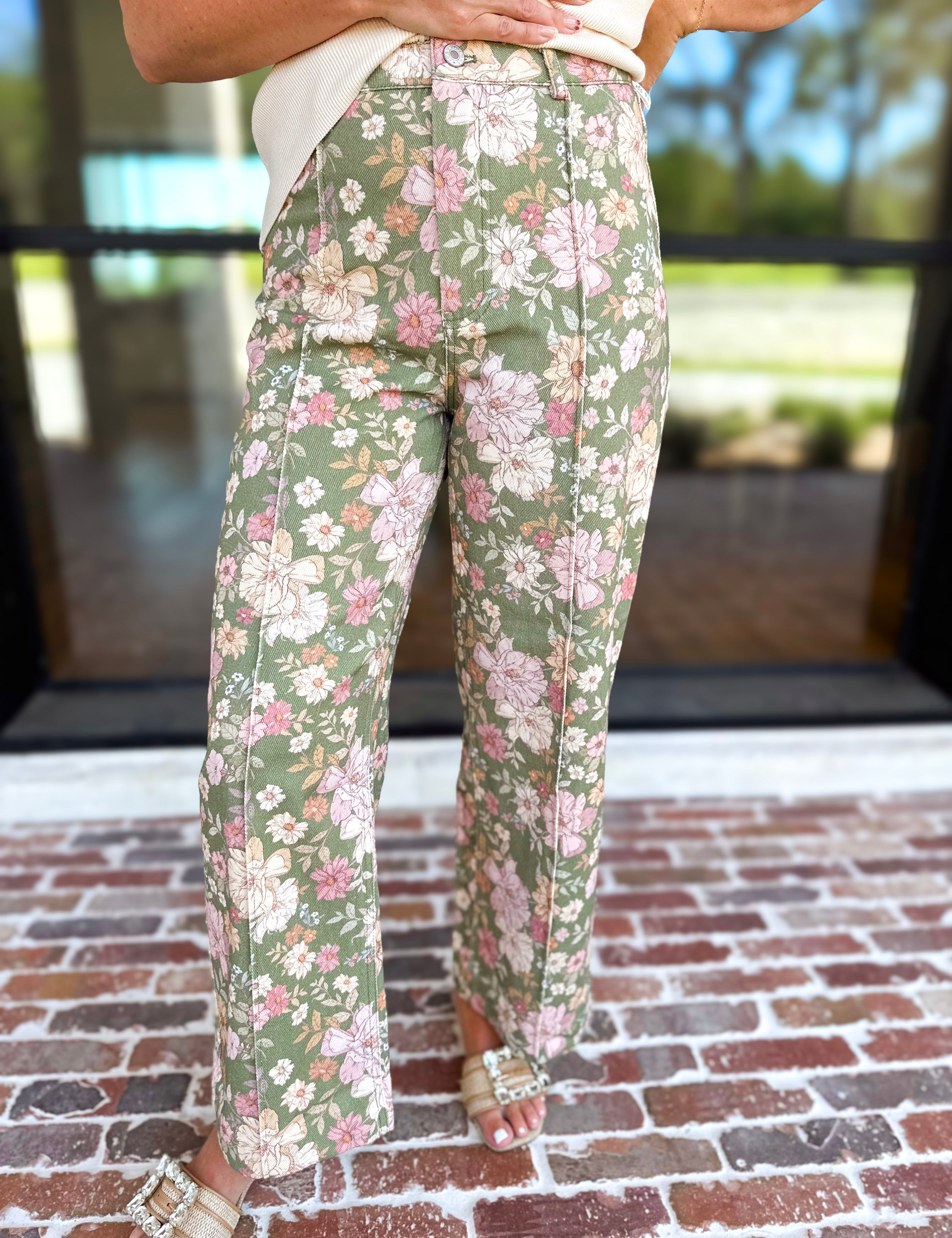 Fall Floral Denim Pants - Olive-400 Pants-ENTRO-July & June Women's Fashion Boutique Located in San Antonio, Texas