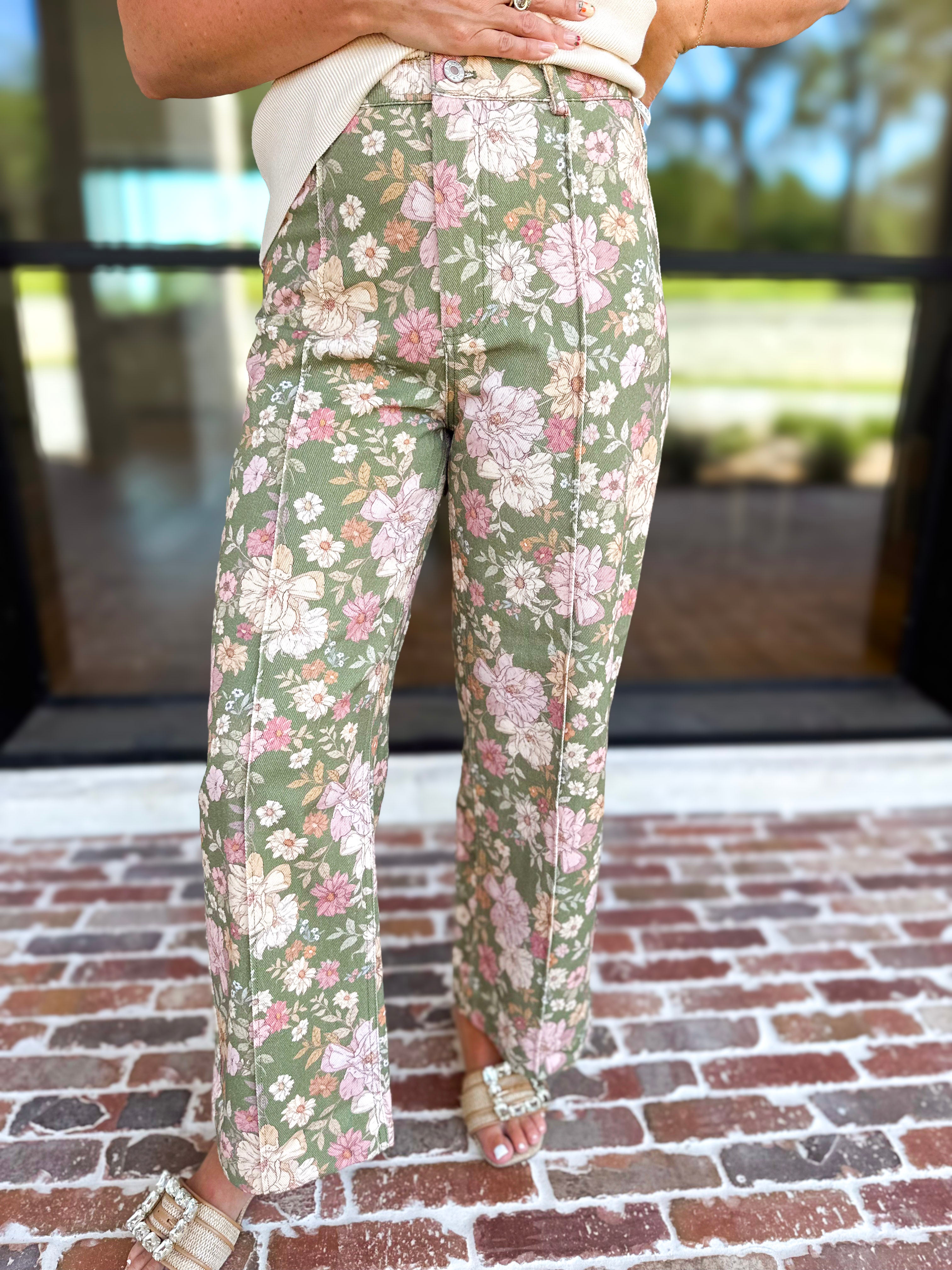 Fall Floral Denim Pants - Olive-400 Pants-ENTRO-July & June Women's Fashion Boutique Located in San Antonio, Texas