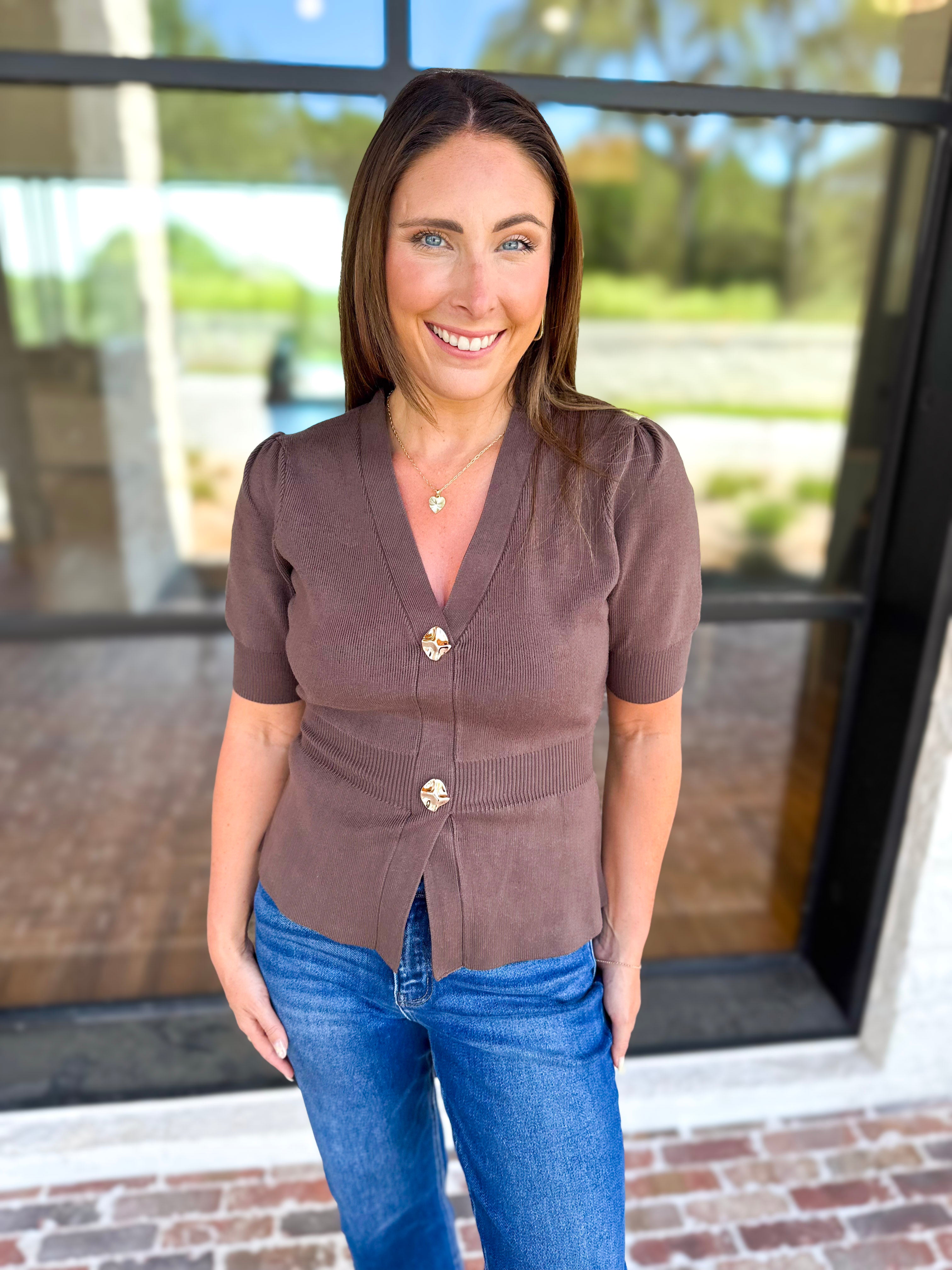Posh Peplum Knit Blouse - Chocolate-230 Sweaters/Cardis-SKIES ARE BLUE-July & June Women's Fashion Boutique Located in San Antonio, Texas
