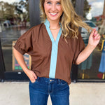 Contrast Chic Blouse - Cocoa Sky-200 Fashion Blouses-ENTRO-July & June Women's Fashion Boutique Located in San Antonio, Texas