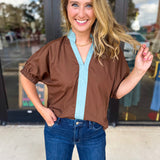 Contrast Chic Blouse - Cocoa Sky-200 Fashion Blouses-ENTRO-July & June Women's Fashion Boutique Located in San Antonio, Texas