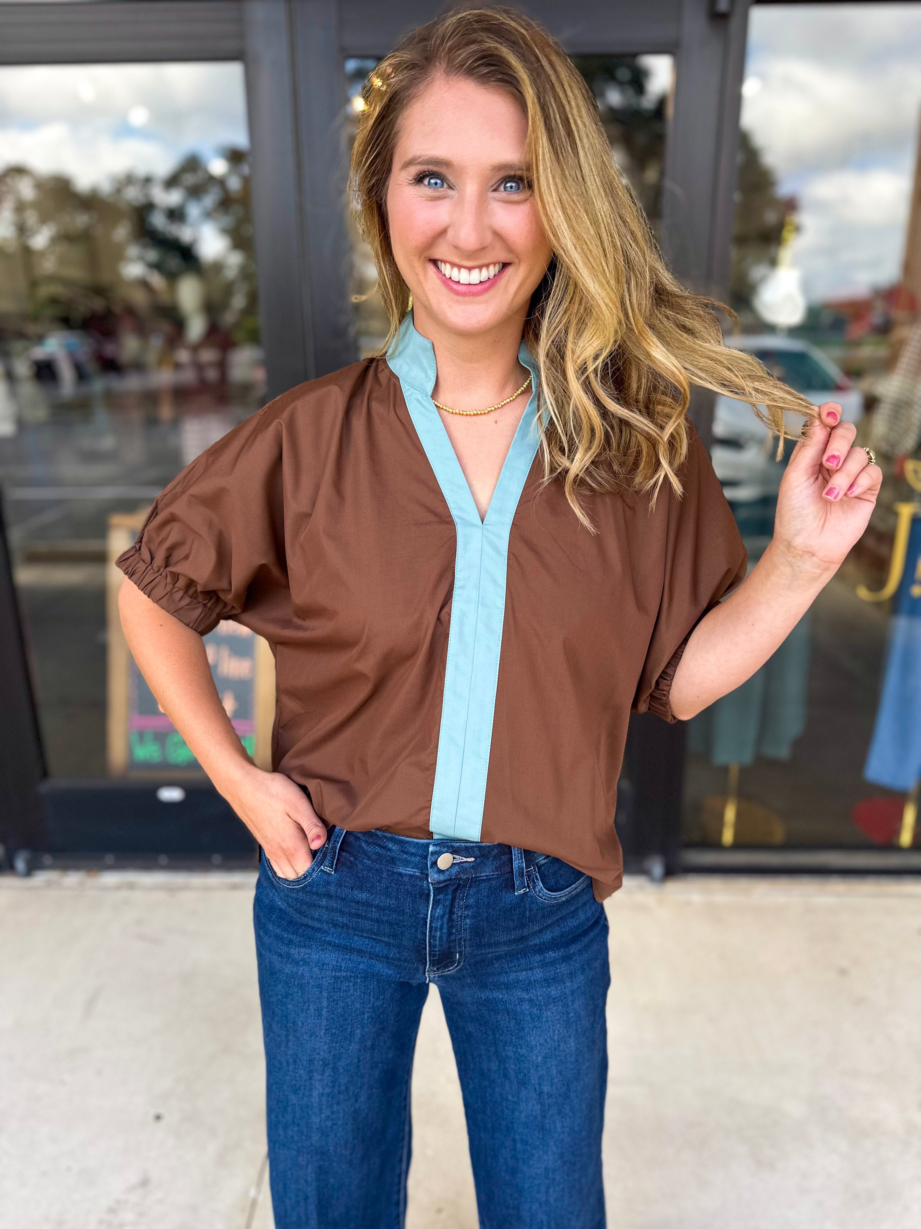 Contrast Chic Blouse - Cocoa Sky-200 Fashion Blouses-ENTRO-July & June Women's Fashion Boutique Located in San Antonio, Texas