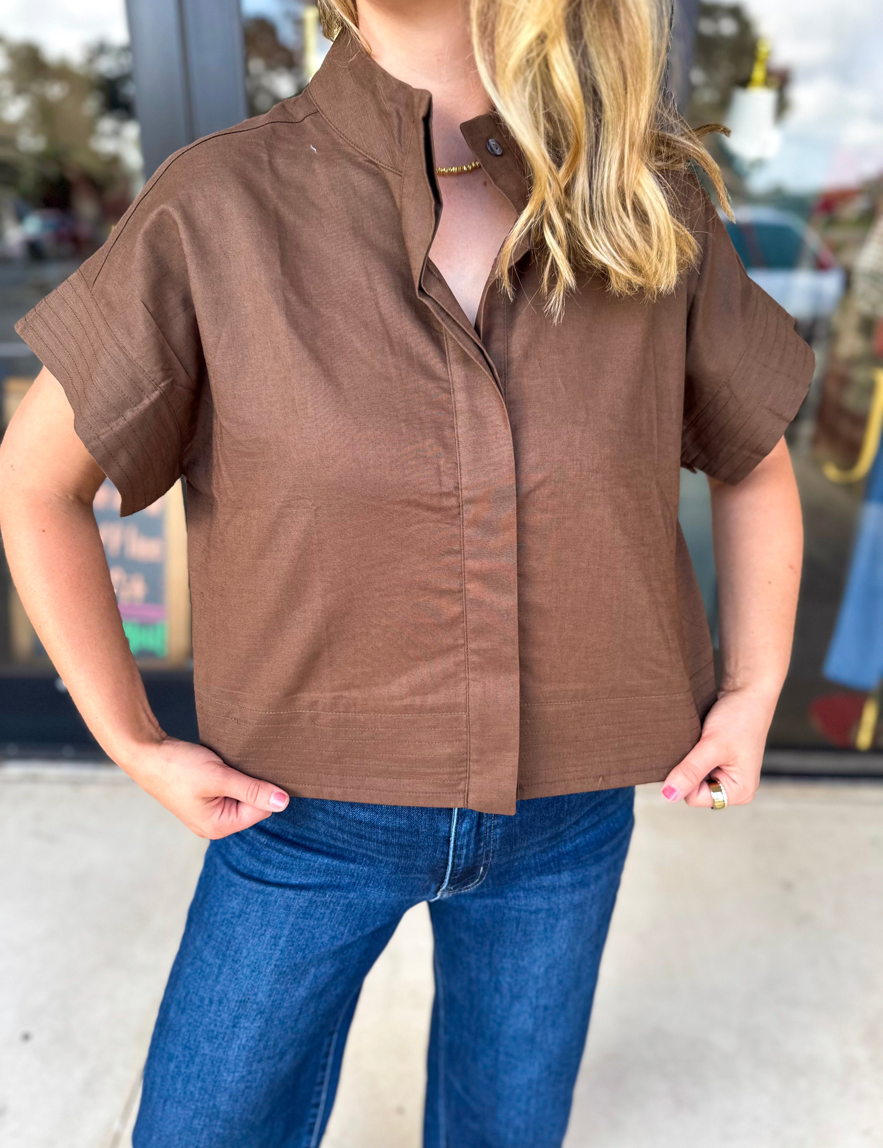 Chic Boxy Blouse - Brown-200 Fashion Blouses-ENTRO-July & June Women's Fashion Boutique Located in San Antonio, Texas