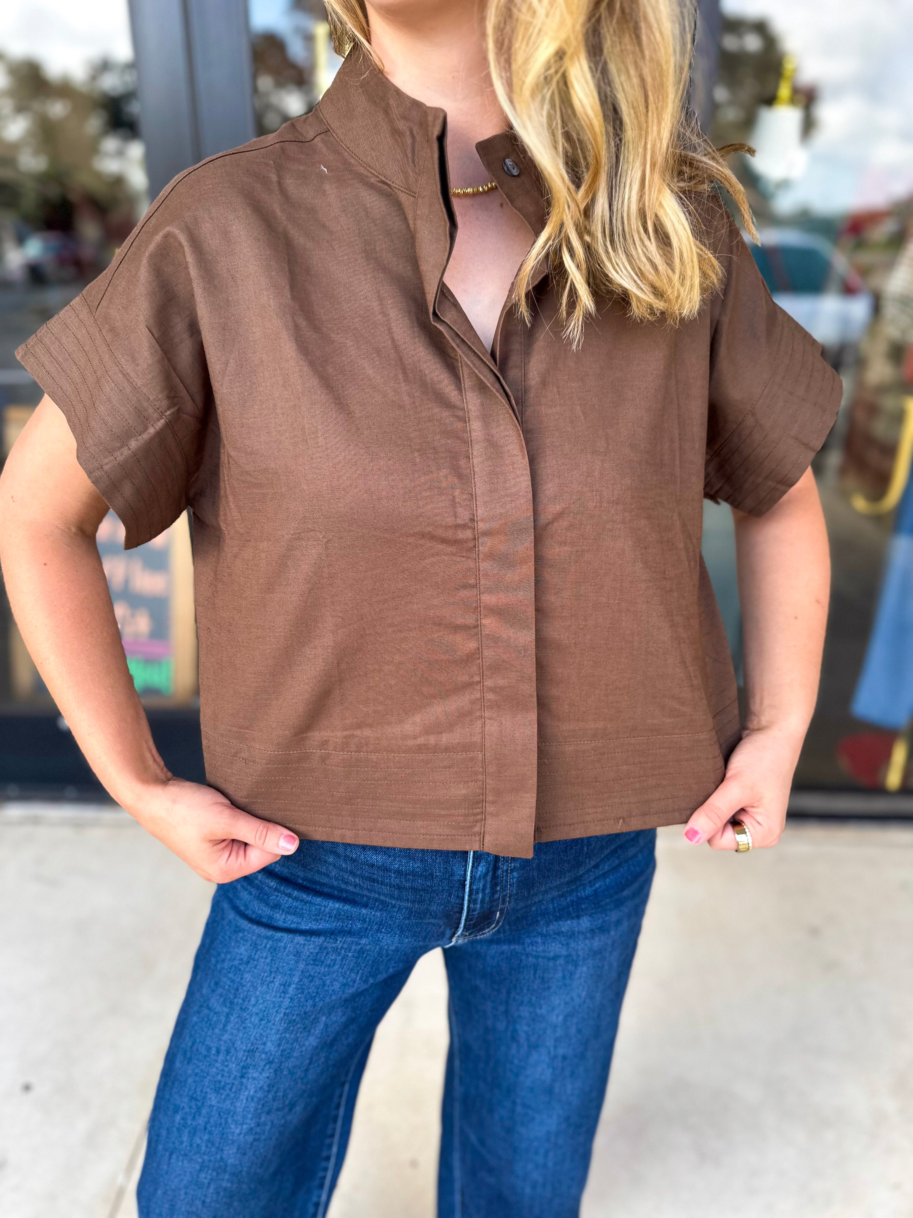 Chic Boxy Blouse - Brown-200 Fashion Blouses-ENTRO-July & June Women's Fashion Boutique Located in San Antonio, Texas