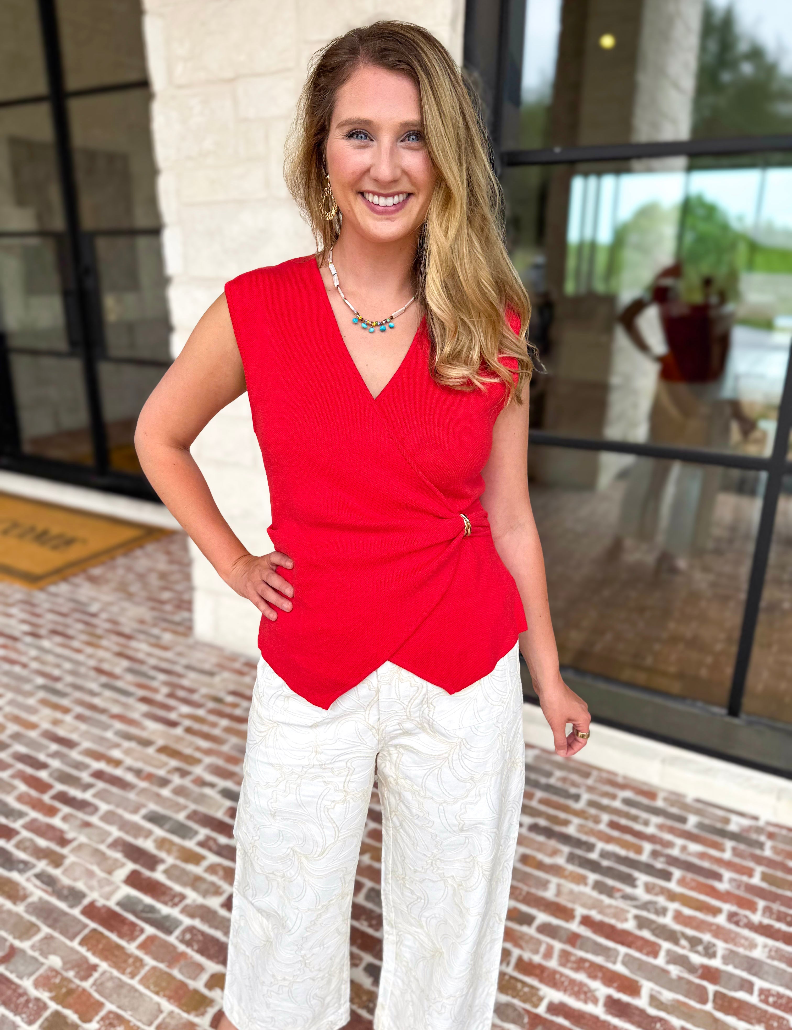 Wrap Detailed Blouse - Red Coral-200 Fashion Blouses-SKIES ARE BLUE-July & June Women's Fashion Boutique Located in San Antonio, Texas