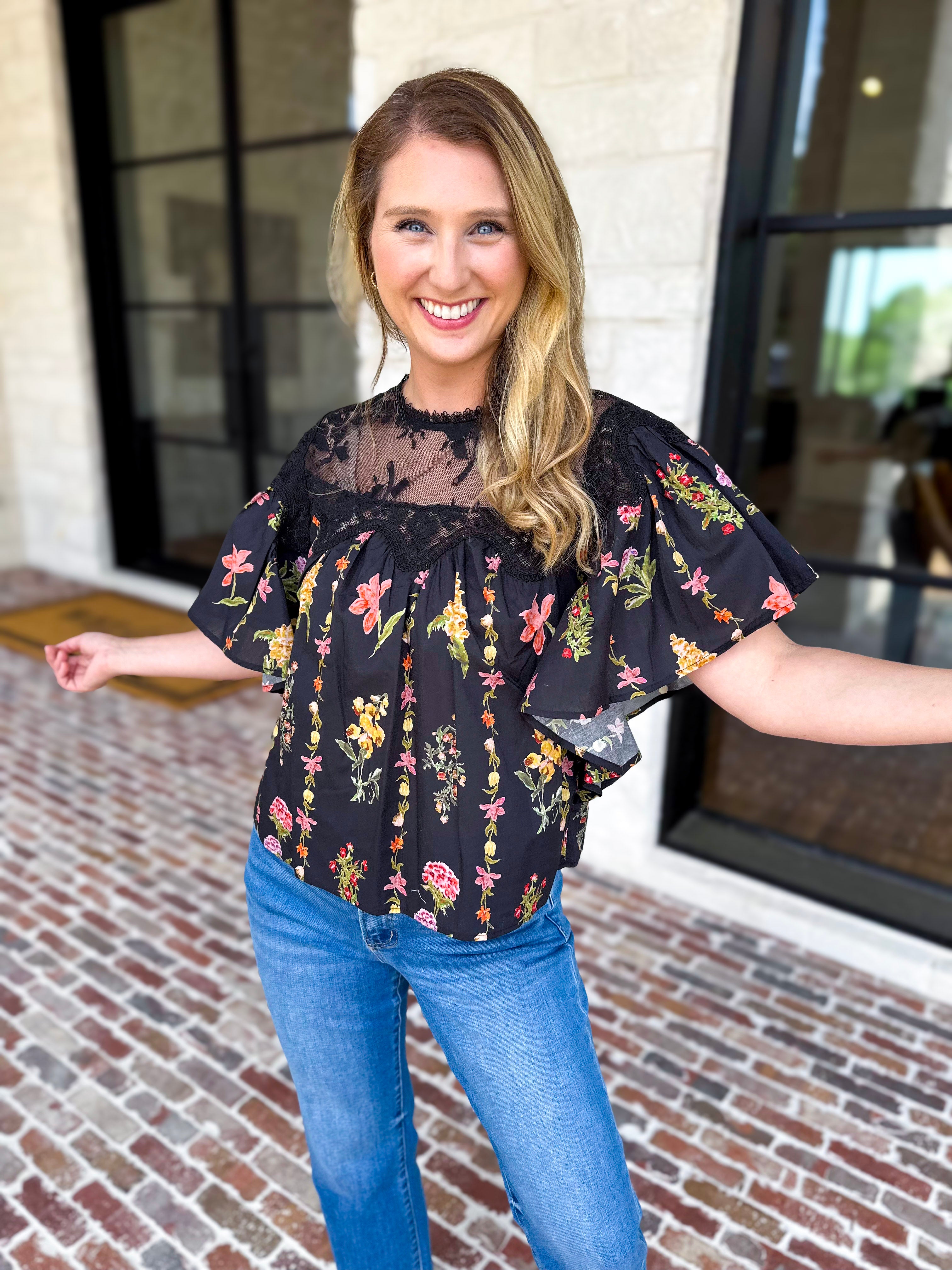 Black Lace & Floral Blouse-200 Fashion Blouses-ENTRO-July & June Women's Fashion Boutique Located in San Antonio, Texas