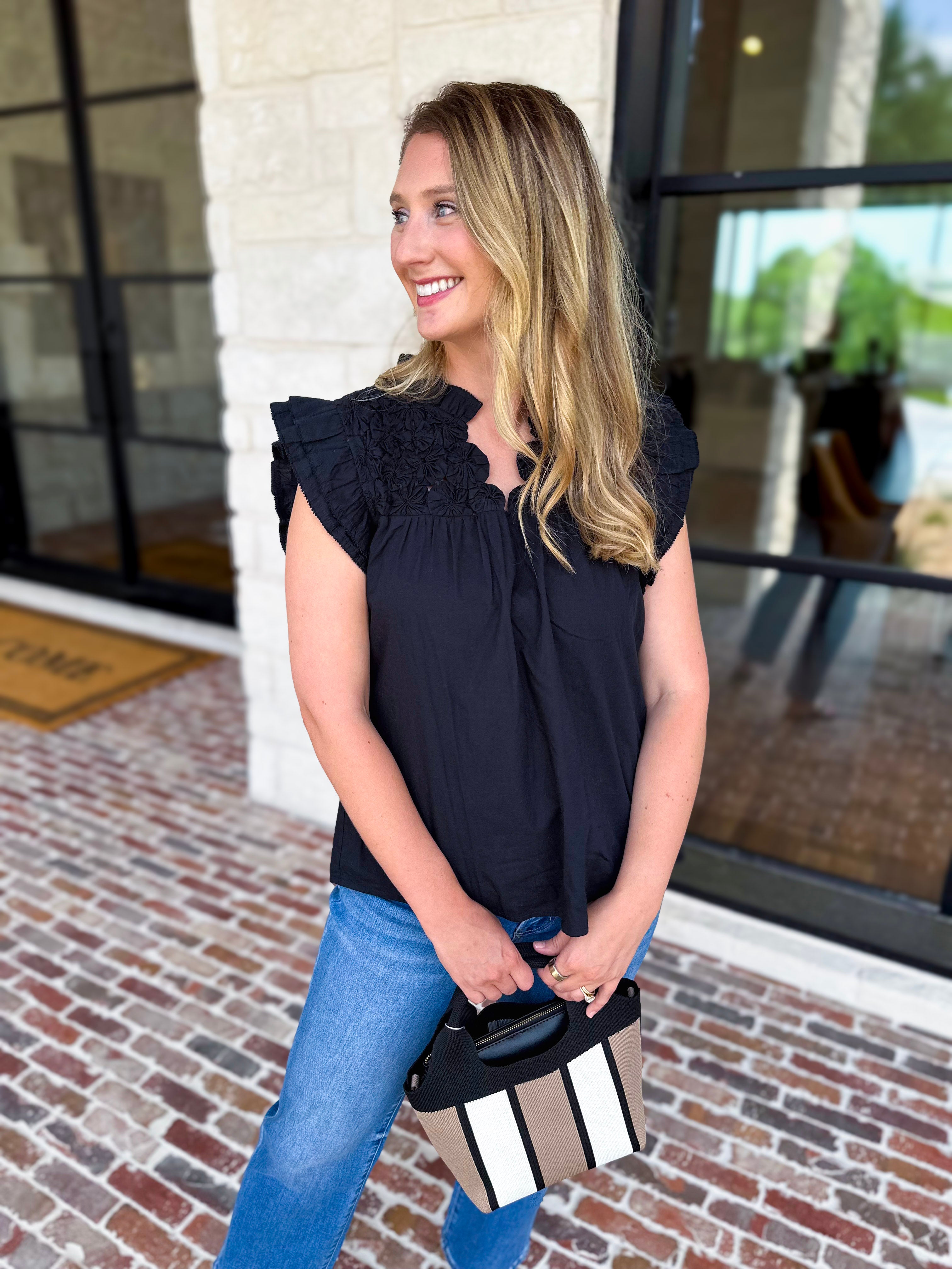 THML - Black Flutter Sleeve Blouse-200 Fashion Blouses-THML-July & June Women's Fashion Boutique Located in San Antonio, Texas