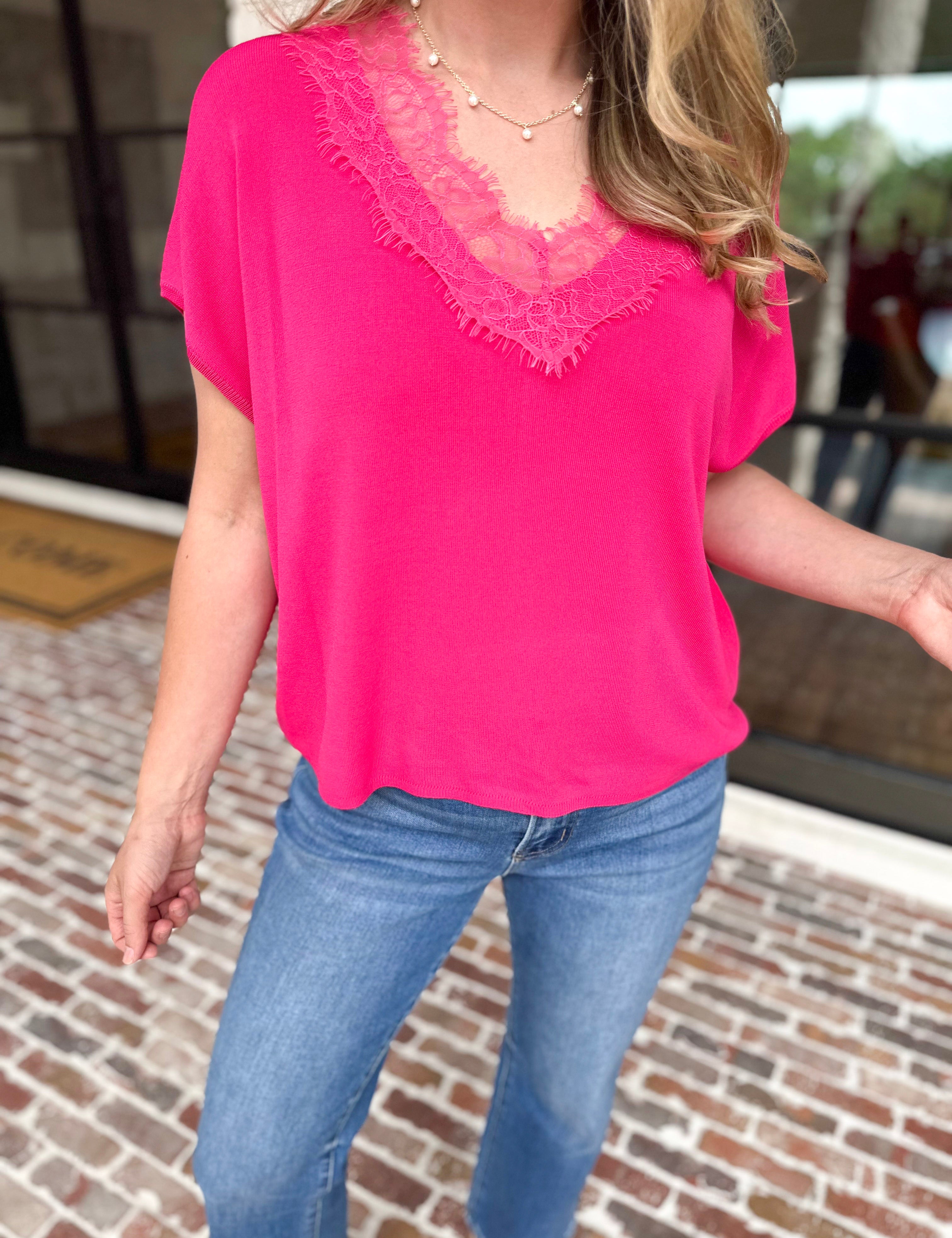 Lace Details Blouse - Hot Pink-200 Fashion Blouses-ENTRO-July & June Women's Fashion Boutique Located in San Antonio, Texas