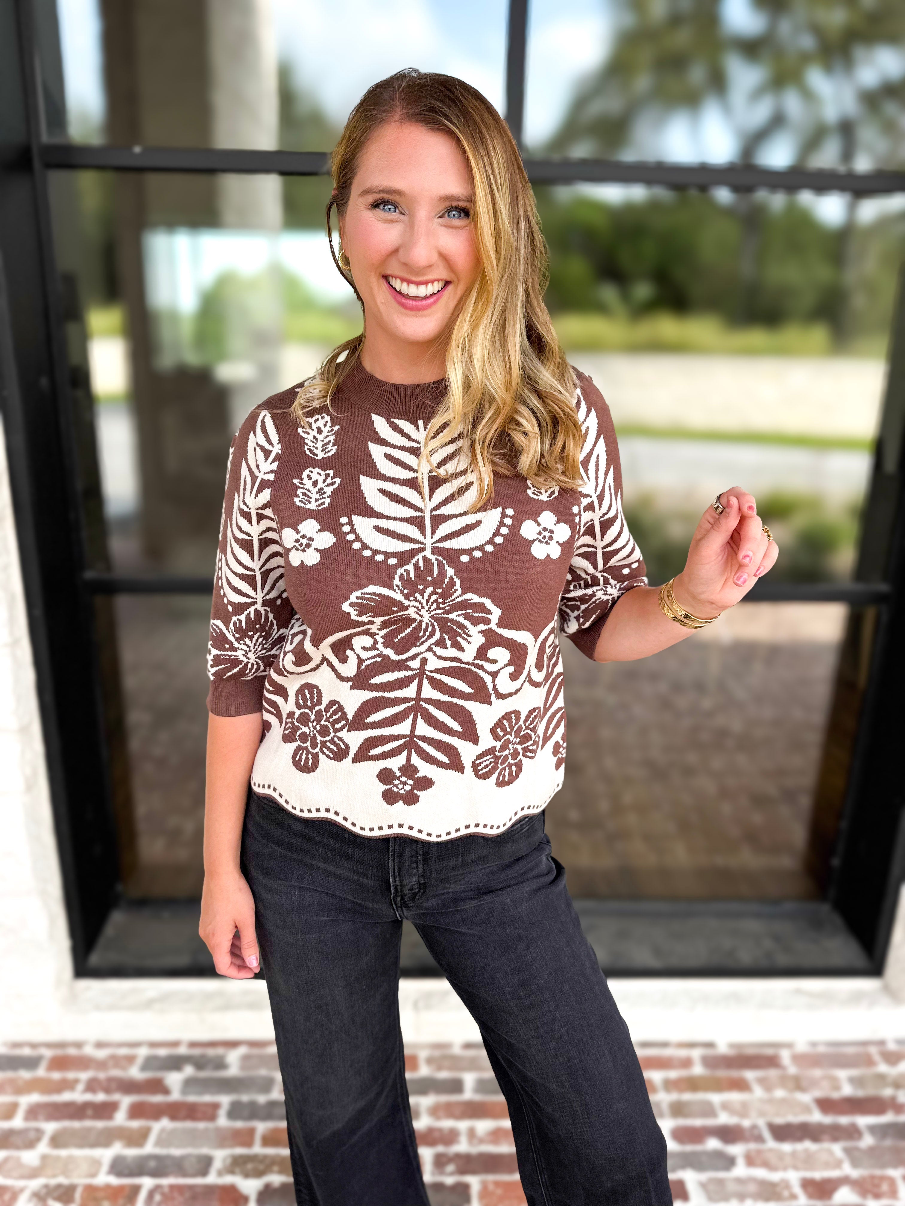 THML - The Libby Floral Sweater - Walnut-230 Sweaters/Cardis-THML-July & June Women's Fashion Boutique Located in San Antonio, Texas