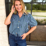 Coffee Date Blouse - Blue & Hunter-200 Fashion Blouses-ENTRO-July & June Women's Fashion Boutique Located in San Antonio, Texas