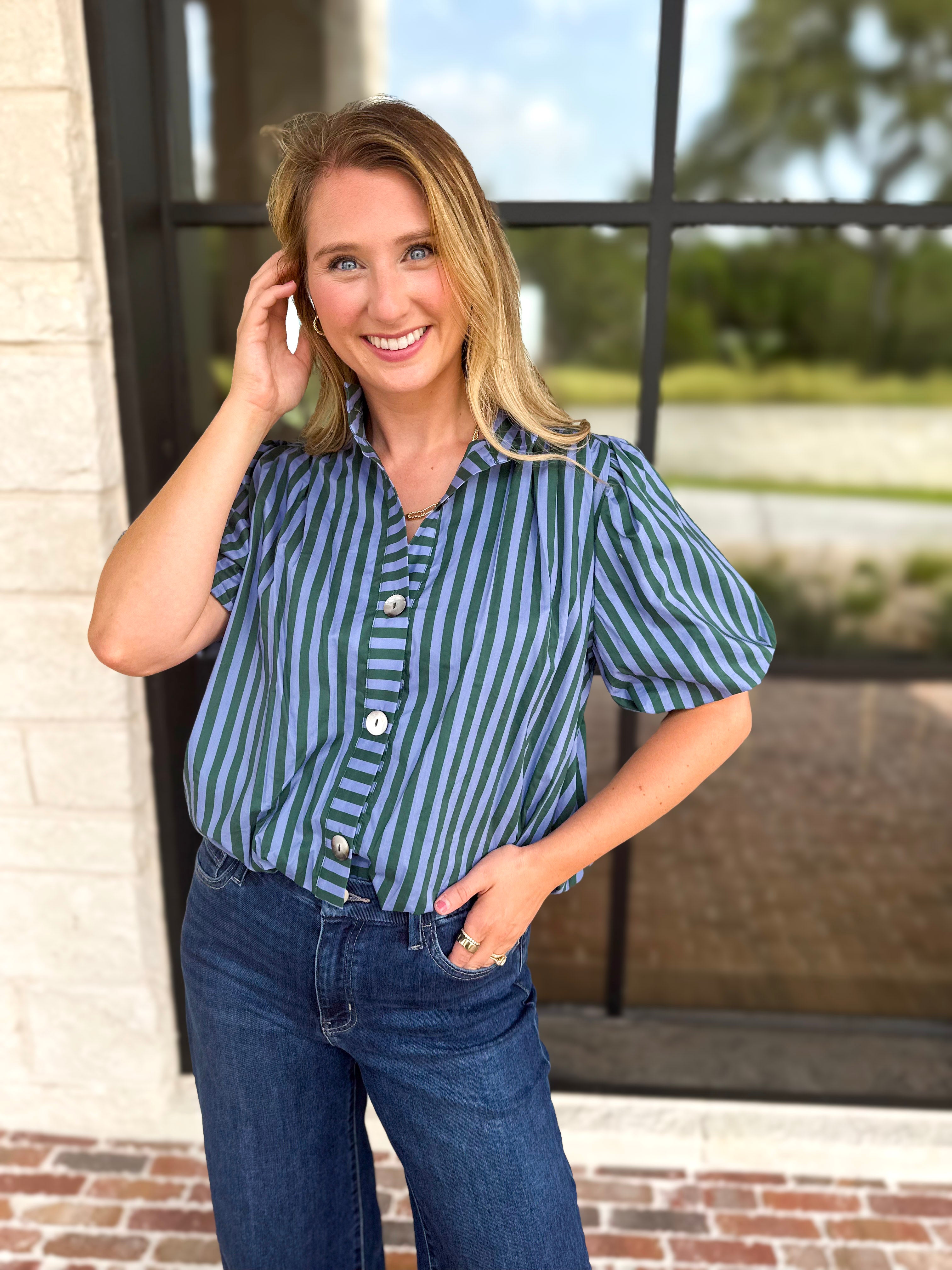 Coffee Date Blouse - Blue & Hunter-200 Fashion Blouses-ENTRO-July & June Women's Fashion Boutique Located in San Antonio, Texas