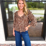 Liverpool - Willow Espresso Ruffle Blouse-200 Fashion Blouses-LIVERPOOL JEANS COMPANY-July & June Women's Fashion Boutique Located in San Antonio, Texas