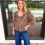 Liverpool - Willow Espresso Ruffle Blouse-200 Fashion Blouses-LIVERPOOL JEANS COMPANY-July & June Women's Fashion Boutique Located in San Antonio, Texas