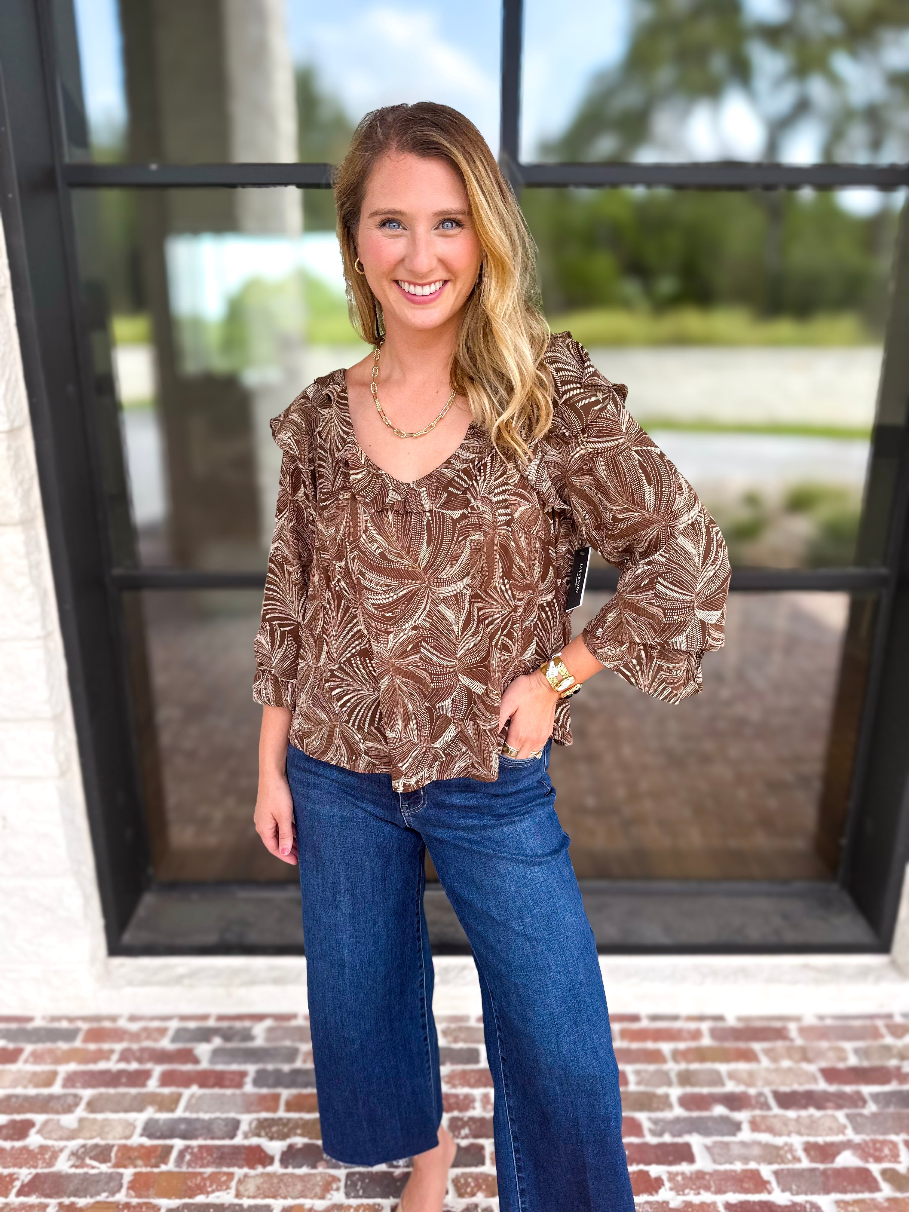 Liverpool - Willow Espresso Ruffle Blouse-200 Fashion Blouses-LIVERPOOL JEANS COMPANY-July & June Women's Fashion Boutique Located in San Antonio, Texas