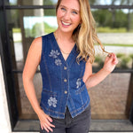 Current Air - Chic Denim Floral Vest-200 Fashion Blouses-CURRENT AIR CLOTHING-July & June Women's Fashion Boutique Located in San Antonio, Texas