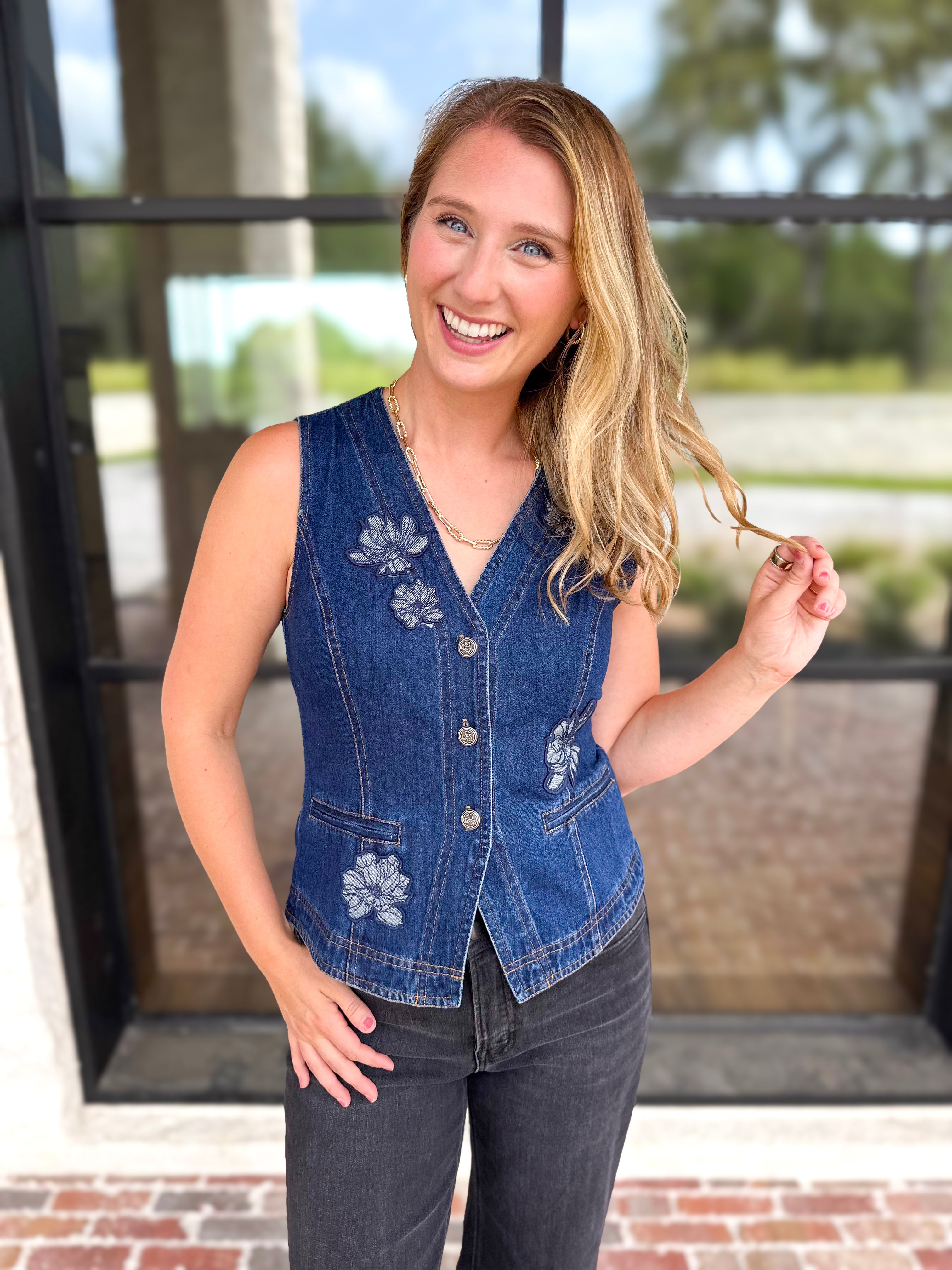 Current Air - Chic Denim Floral Vest-200 Fashion Blouses-CURRENT AIR CLOTHING-July & June Women's Fashion Boutique Located in San Antonio, Texas