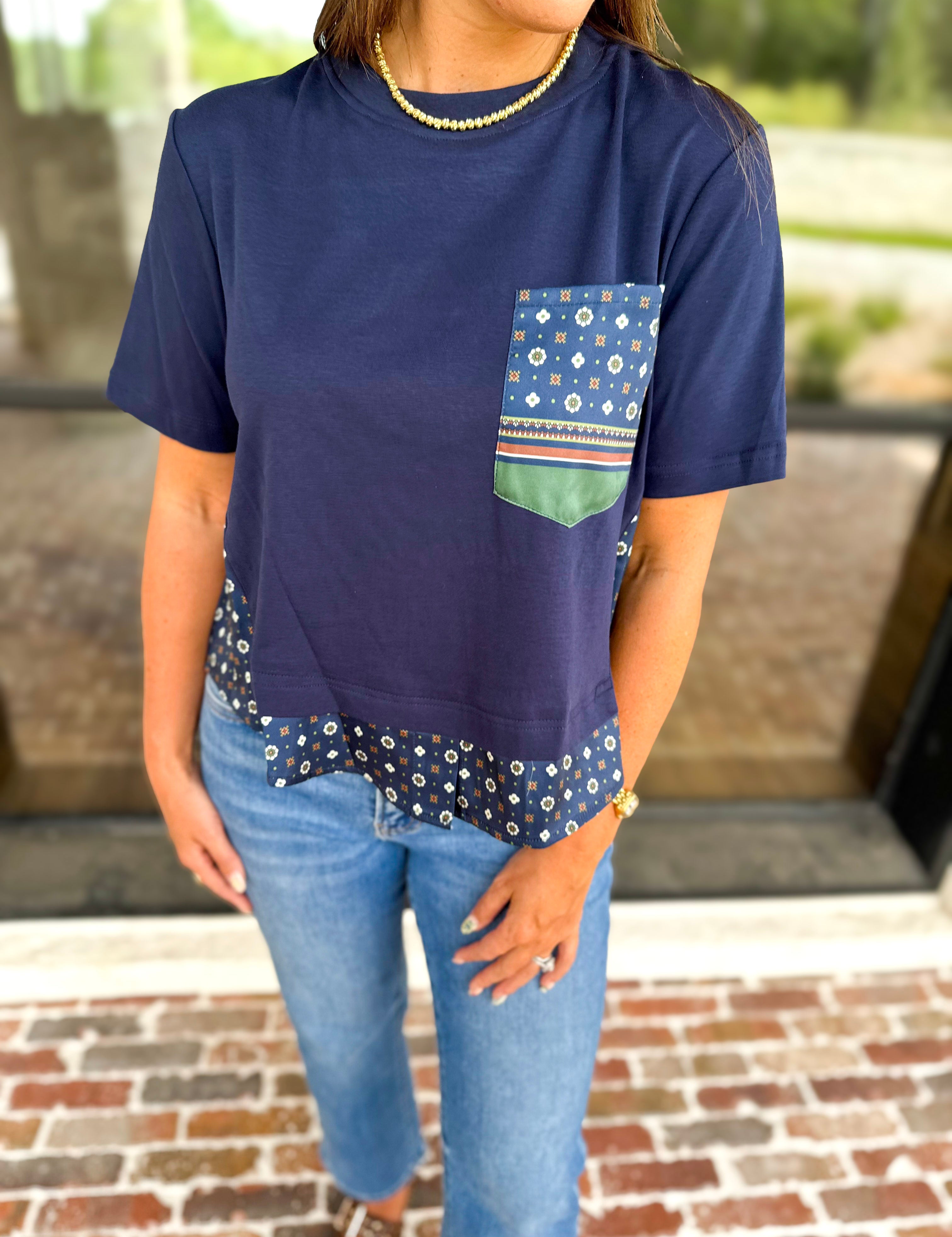 Current Air - Mix It Up Navy Blouse-200 Fashion Blouses-CURRENT AIR CLOTHING-July & June Women's Fashion Boutique Located in San Antonio, Texas