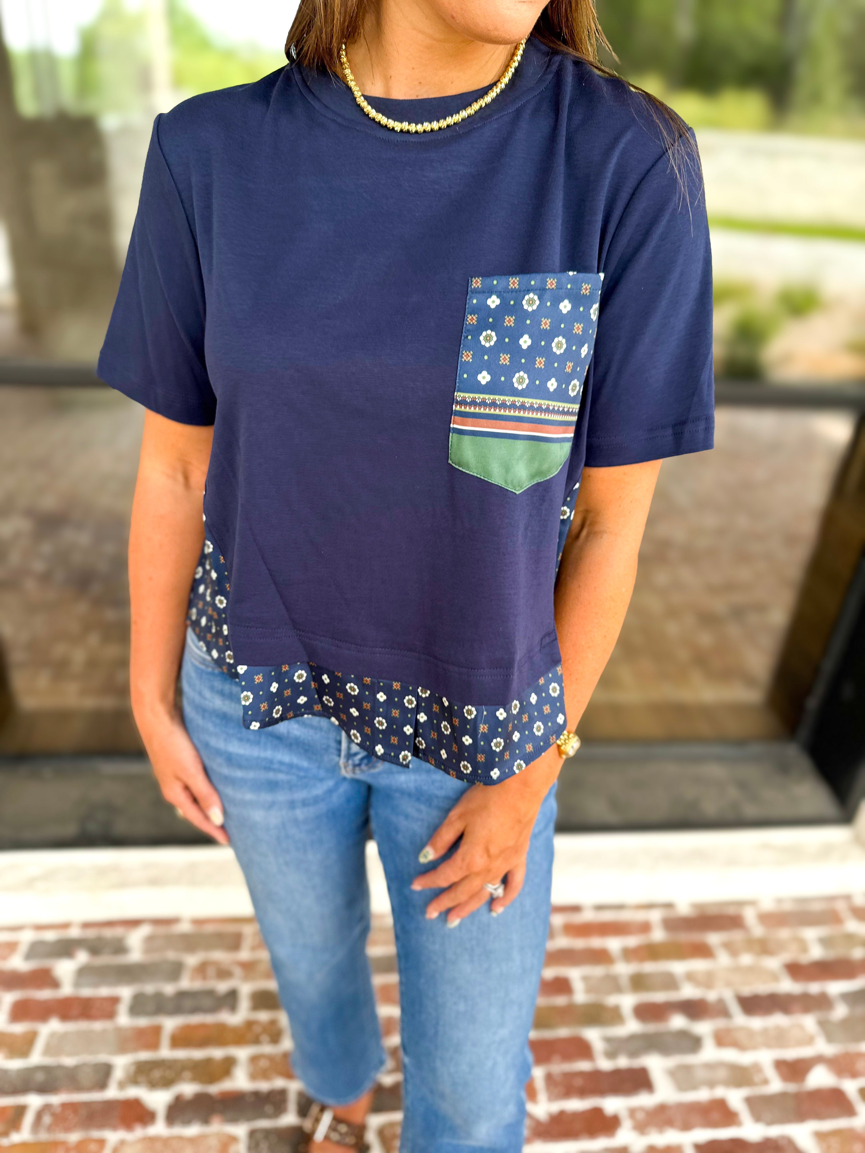 Current Air - Mix It Up Navy Blouse-200 Fashion Blouses-CURRENT AIR CLOTHING-July & June Women's Fashion Boutique Located in San Antonio, Texas