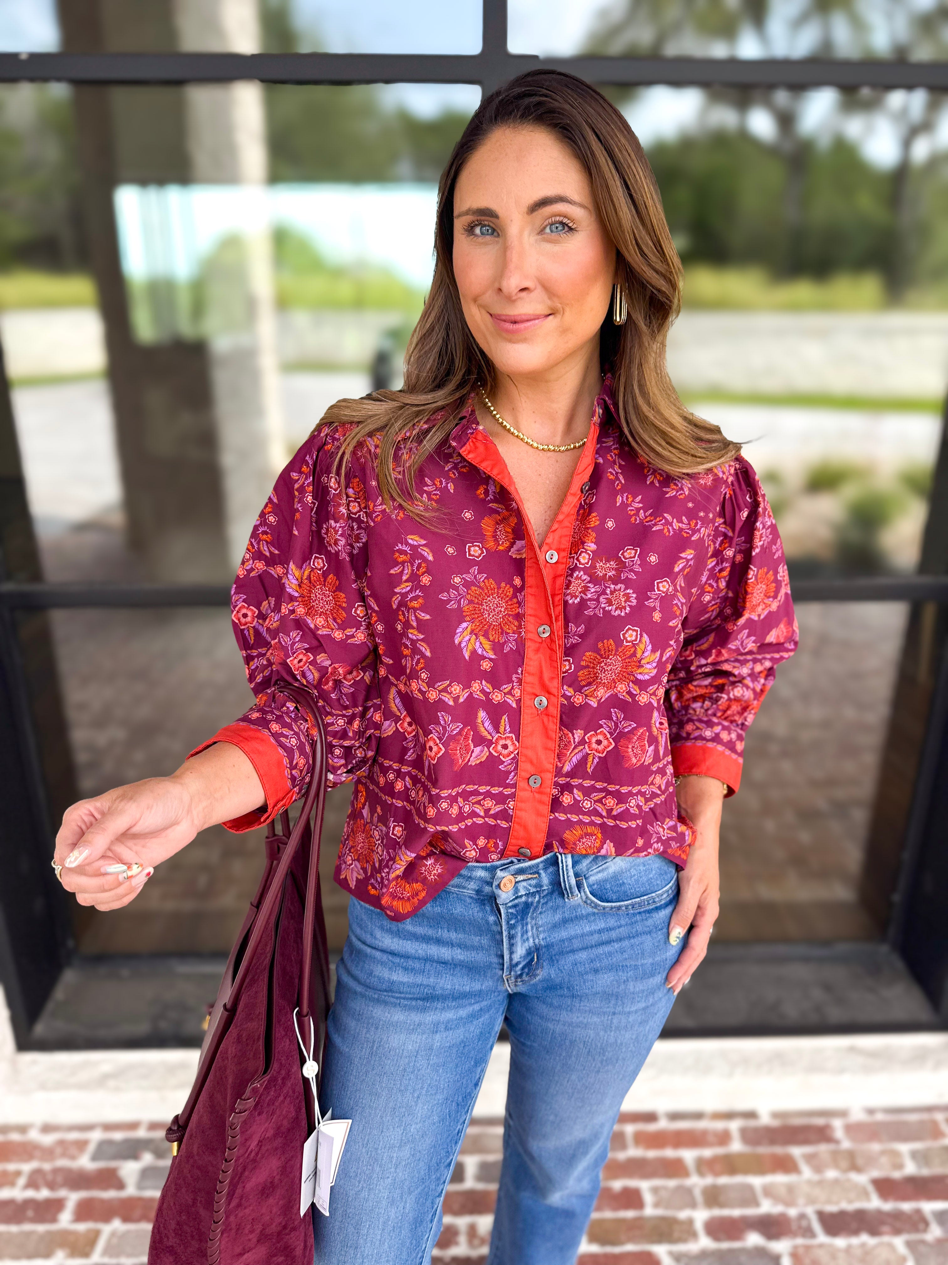 Spiced Plum Floral Blouse-200 Fashion Blouses-ENTRO-July & June Women's Fashion Boutique Located in San Antonio, Texas