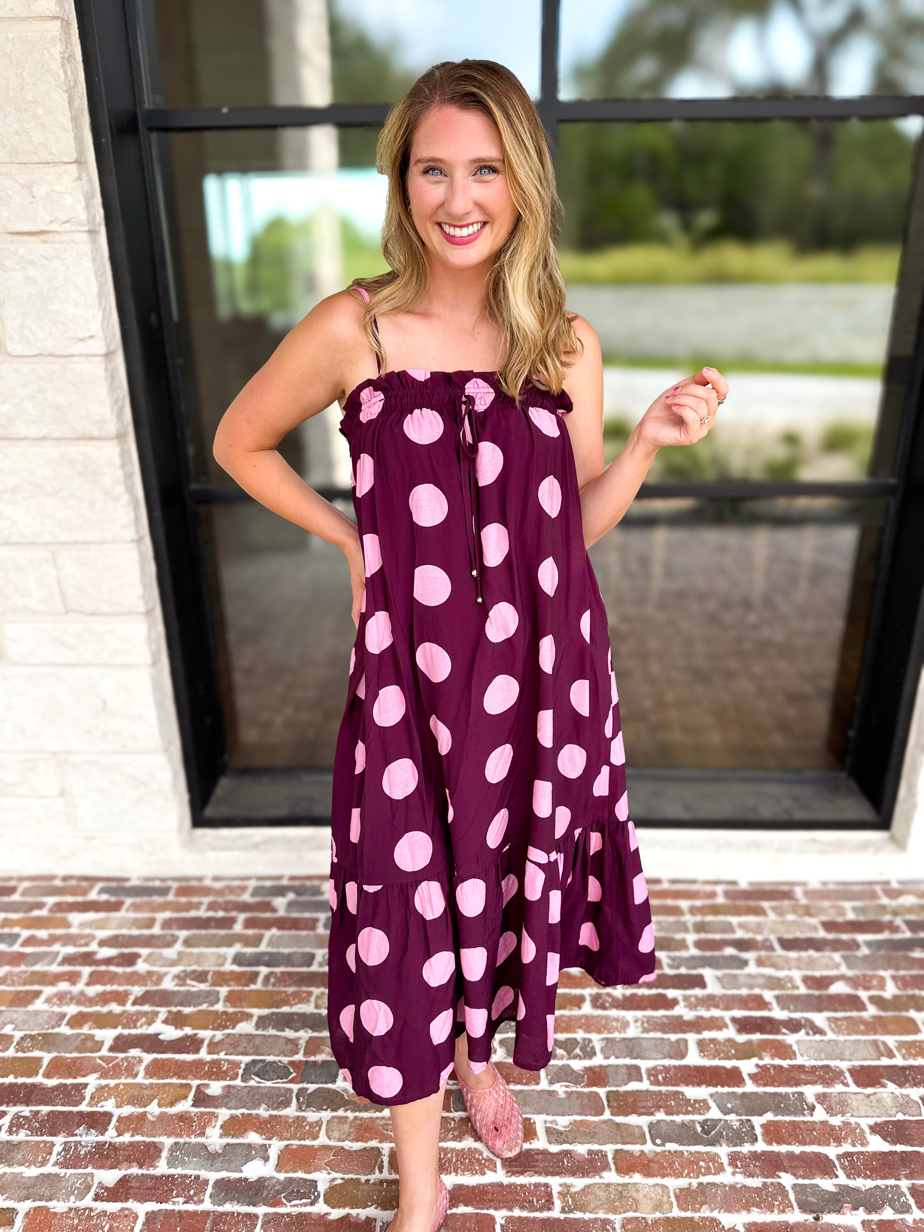 Pink Ganache Polka Dot Midi Dress-500 Midi-ENTRO-July & June Women's Fashion Boutique Located in San Antonio, Texas