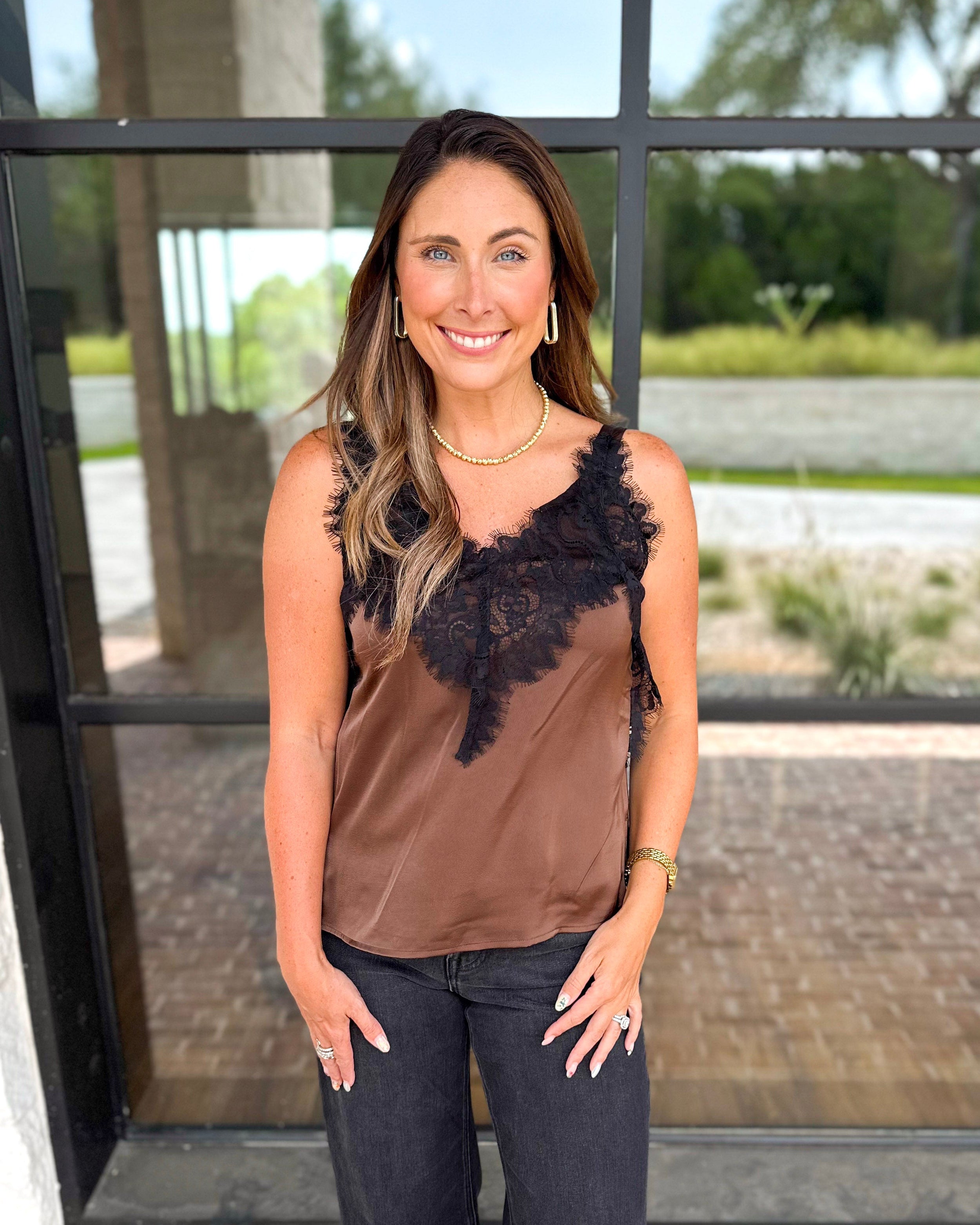 Liverpool - Date Night Lace Cami - Deep Espresso-200 Fashion Blouses-LIVERPOOL JEANS COMPANY-July & June Women's Fashion Boutique Located in San Antonio, Texas