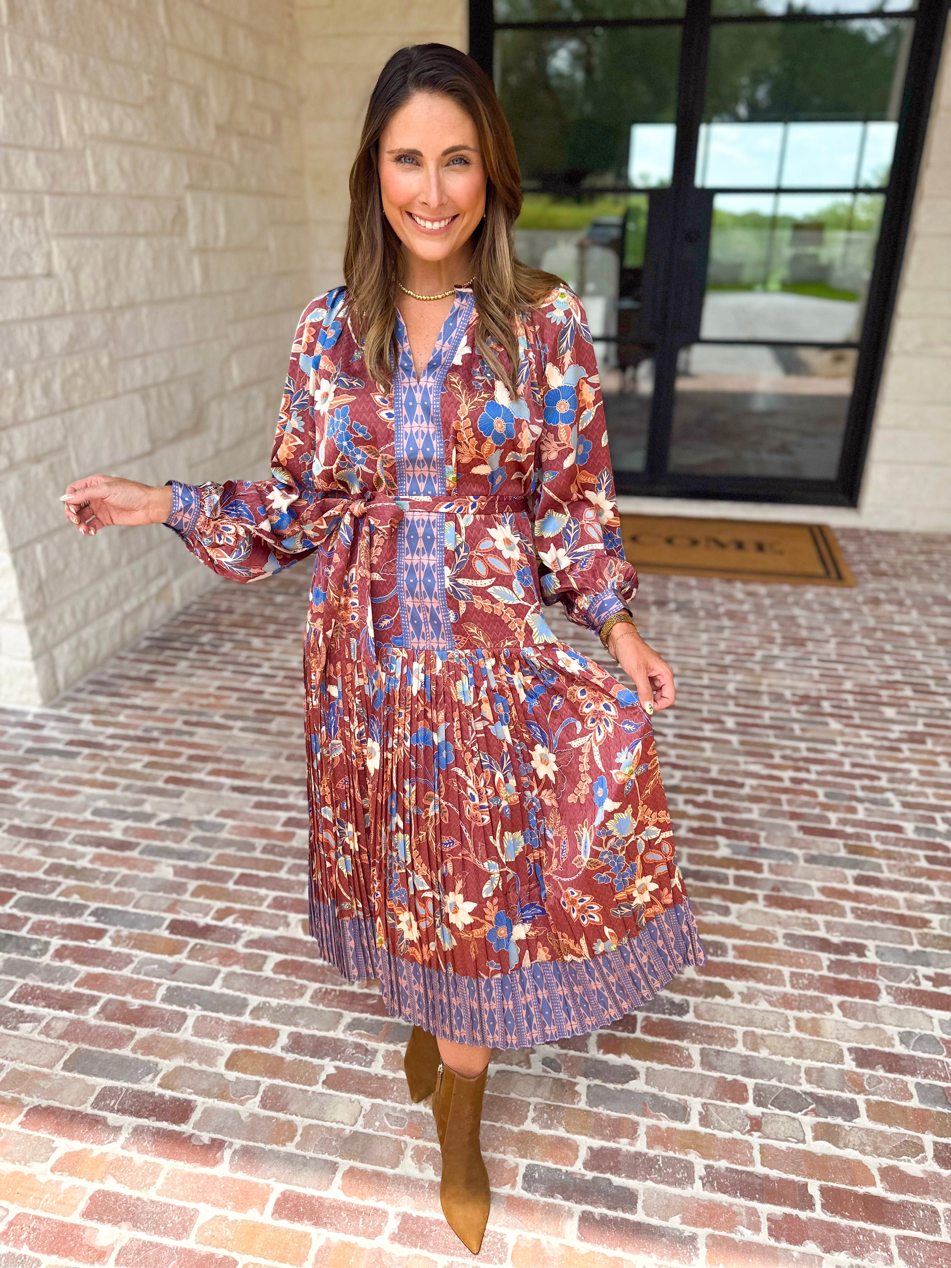 Current Air - Fall Gardens Midi Dress-500 Midi-CURRENT AIR CLOTHING-July & June Women's Fashion Boutique Located in San Antonio, Texas