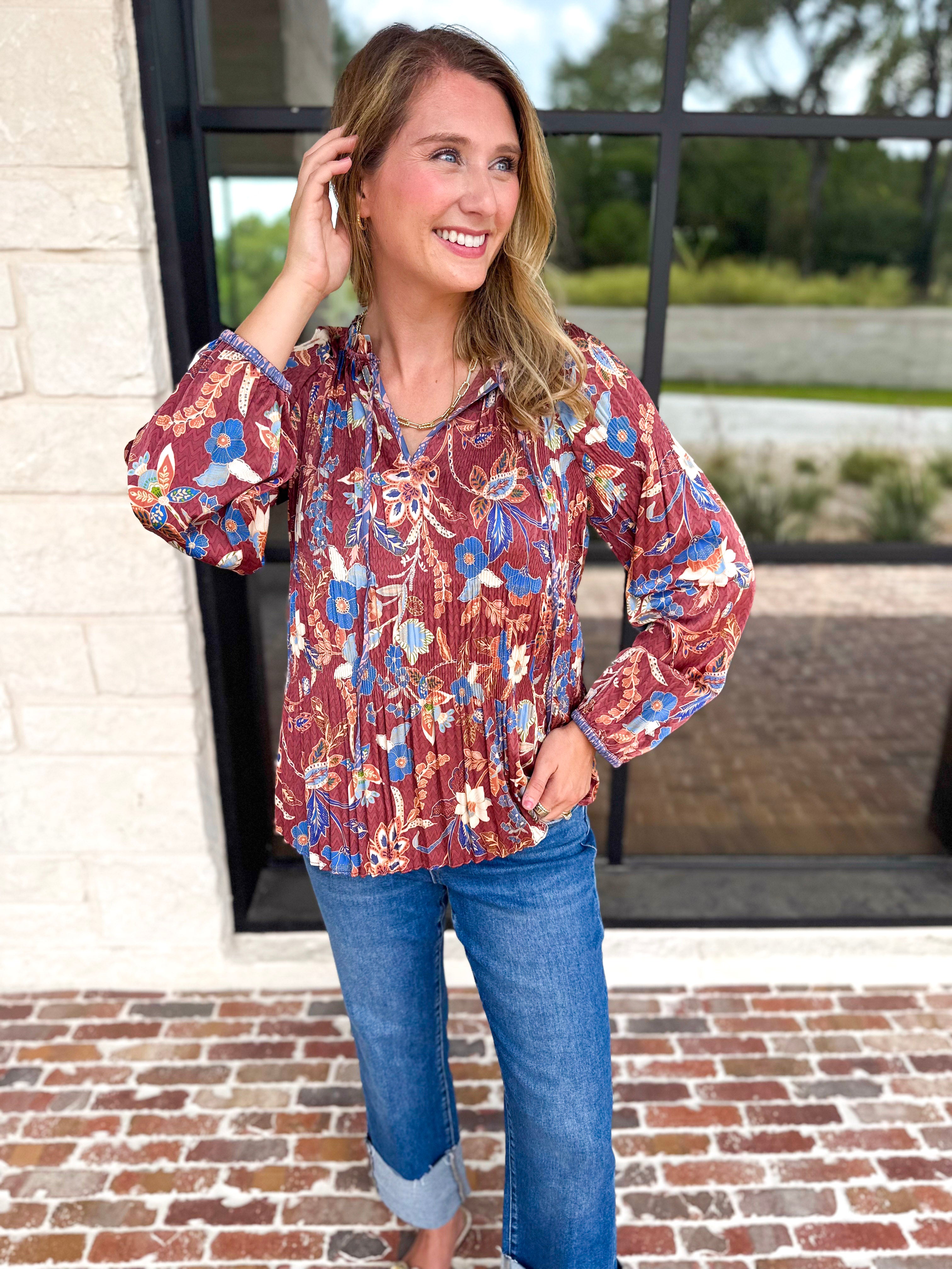 Current Air - Fall Gardens Blouse-200 Fashion Blouses-CURRENT AIR CLOTHING-July & June Women's Fashion Boutique Located in San Antonio, Texas