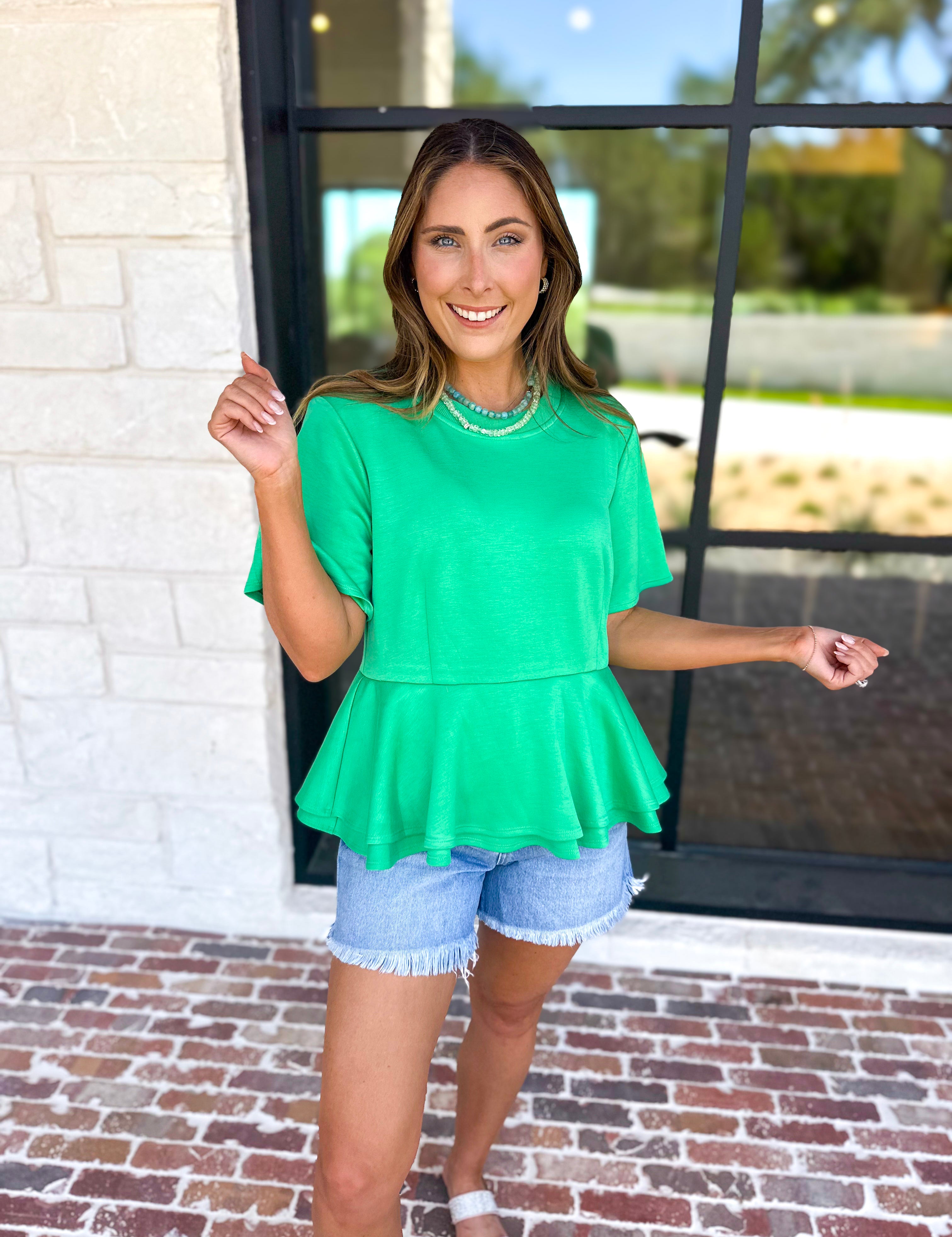 Kelly Green Peplum Comfy Top-210 Casual Blouses-ENTRO-July & June Women's Fashion Boutique Located in San Antonio, Texas