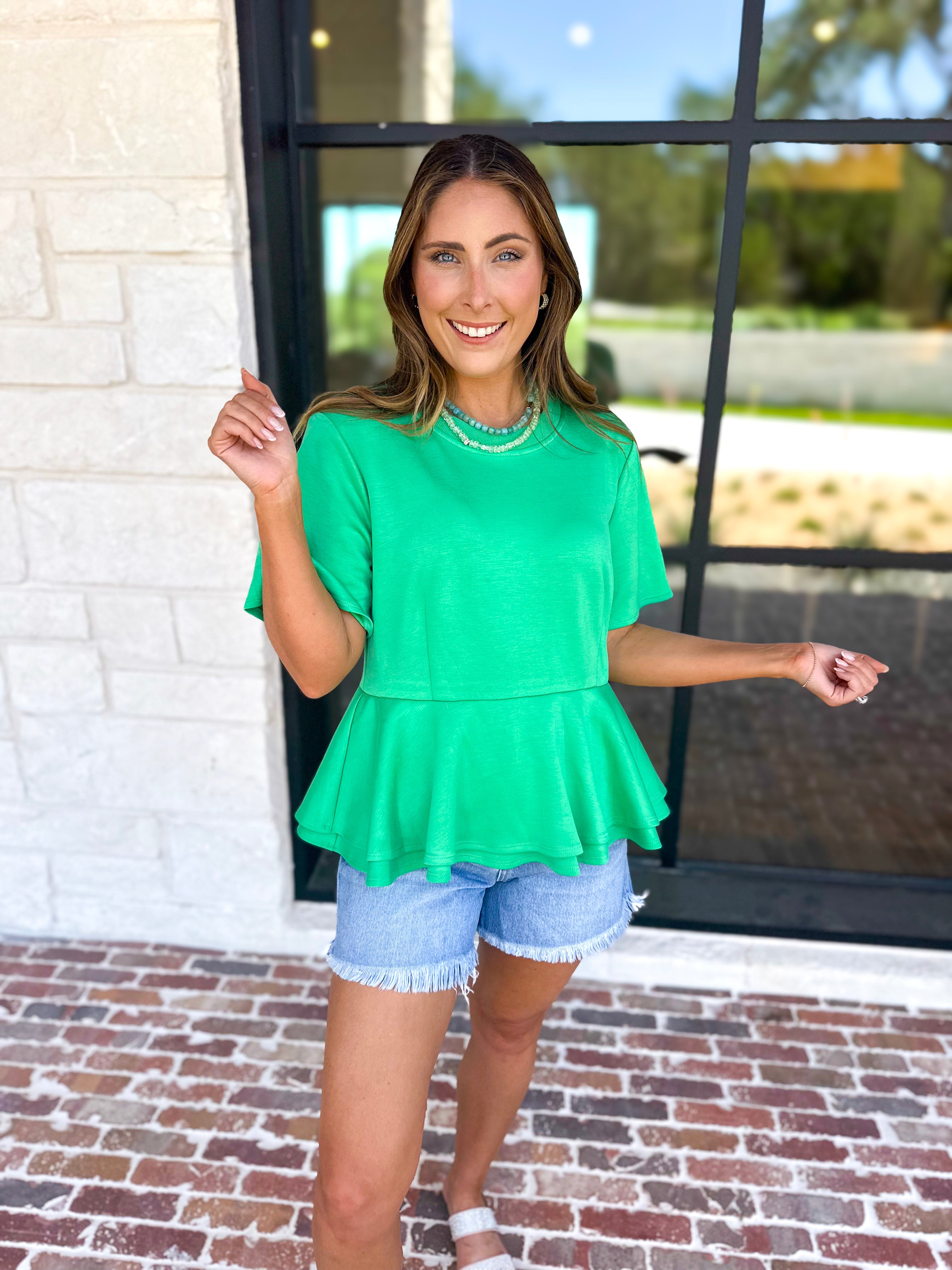 Kelly Green Peplum Comfy Top-210 Casual Blouses-ENTRO-July & June Women's Fashion Boutique Located in San Antonio, Texas