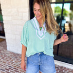 Seersucker Sweet Blouse - Light Green-200 Fashion Blouses-ENTRO-July & June Women's Fashion Boutique Located in San Antonio, Texas