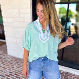 Seersucker Sweet Blouse - Light Green-200 Fashion Blouses-ENTRO-July & June Women's Fashion Boutique Located in San Antonio, Texas