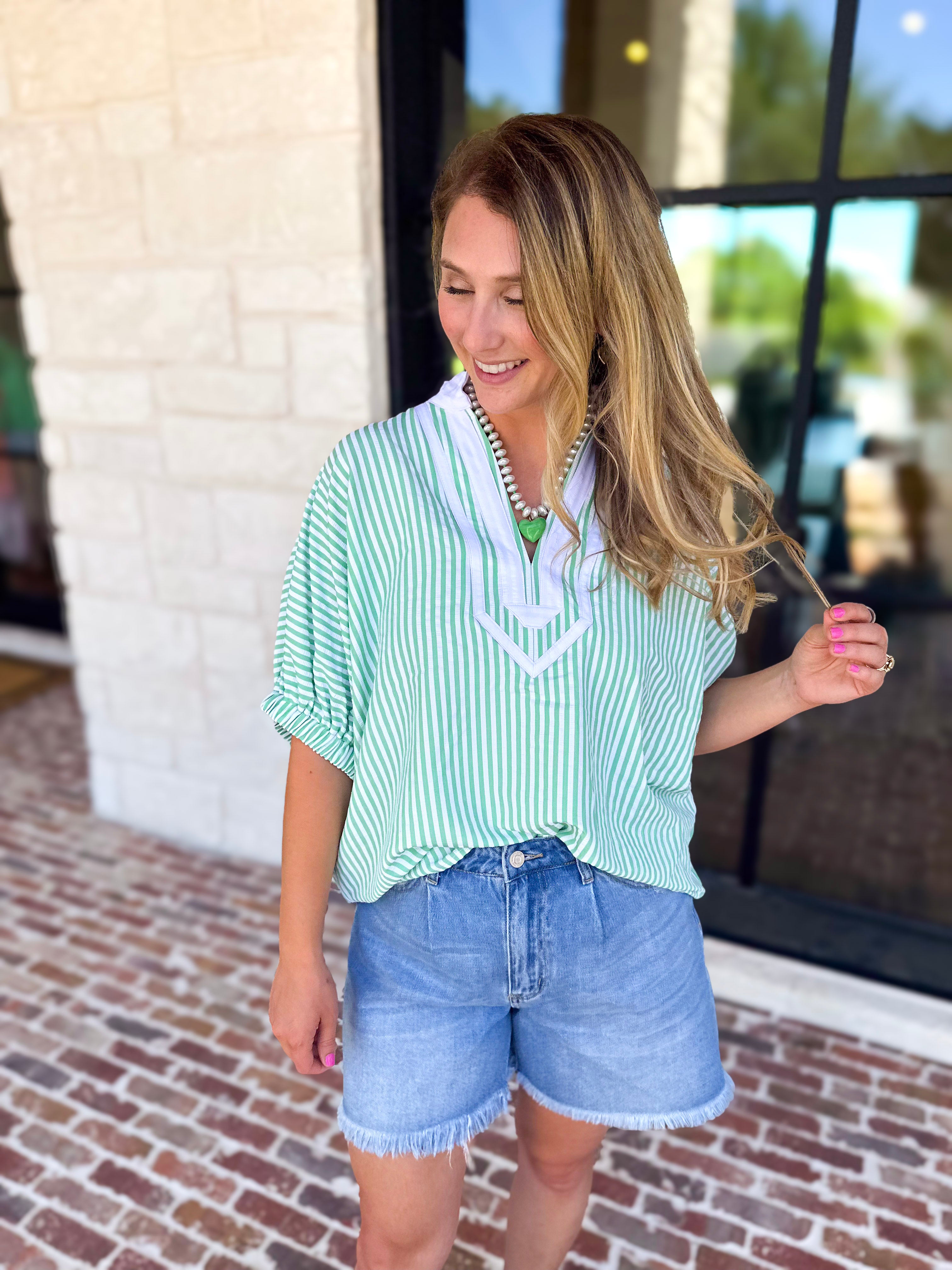 Seersucker Sweet Blouse - Light Green-200 Fashion Blouses-ENTRO-July & June Women's Fashion Boutique Located in San Antonio, Texas