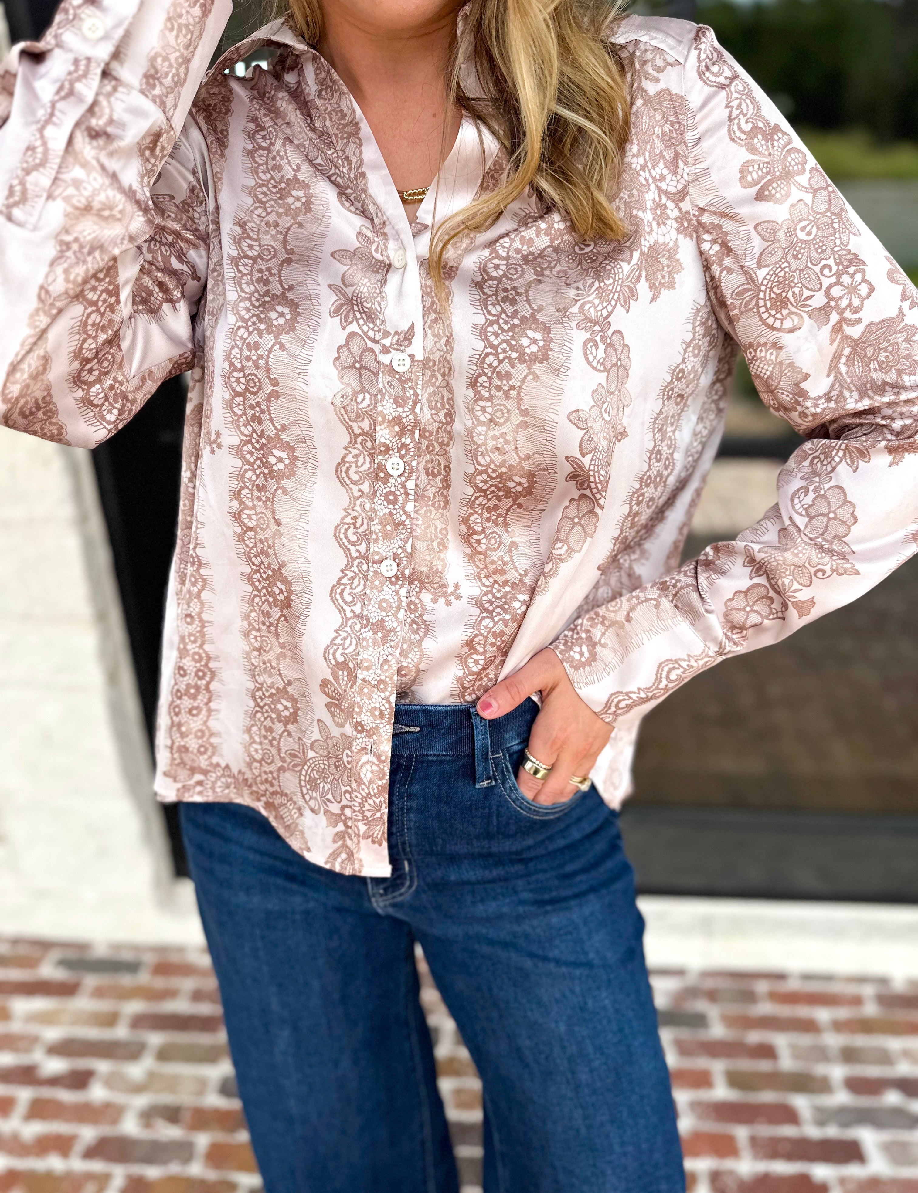 Current Air - Rosé Satin Button Down Blouse-200 Fashion Blouses-CURRENT AIR CLOTHING-July & June Women's Fashion Boutique Located in San Antonio, Texas