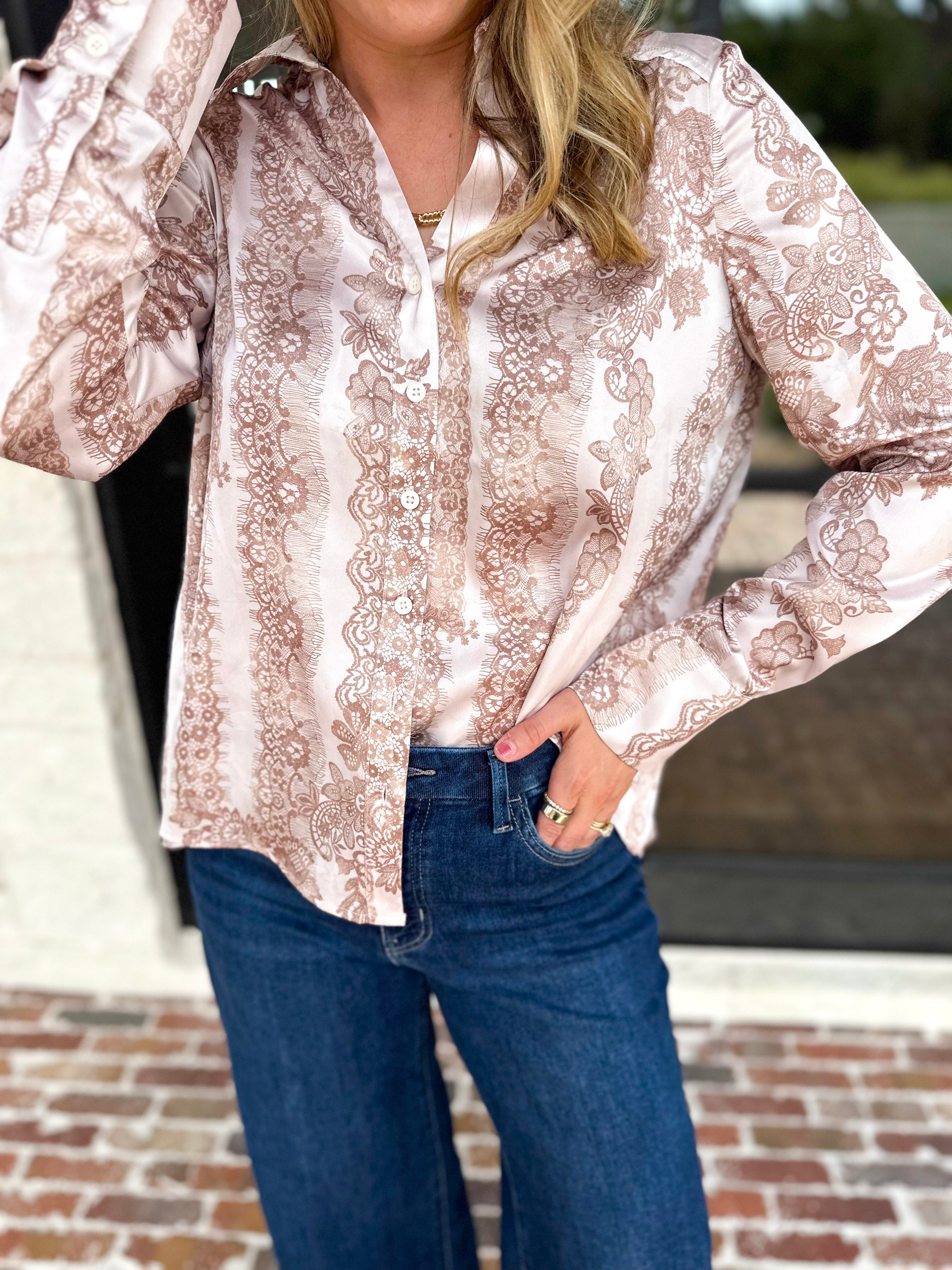 Current Air - Rosé Satin Button Down Blouse-200 Fashion Blouses-CURRENT AIR CLOTHING-July & June Women's Fashion Boutique Located in San Antonio, Texas