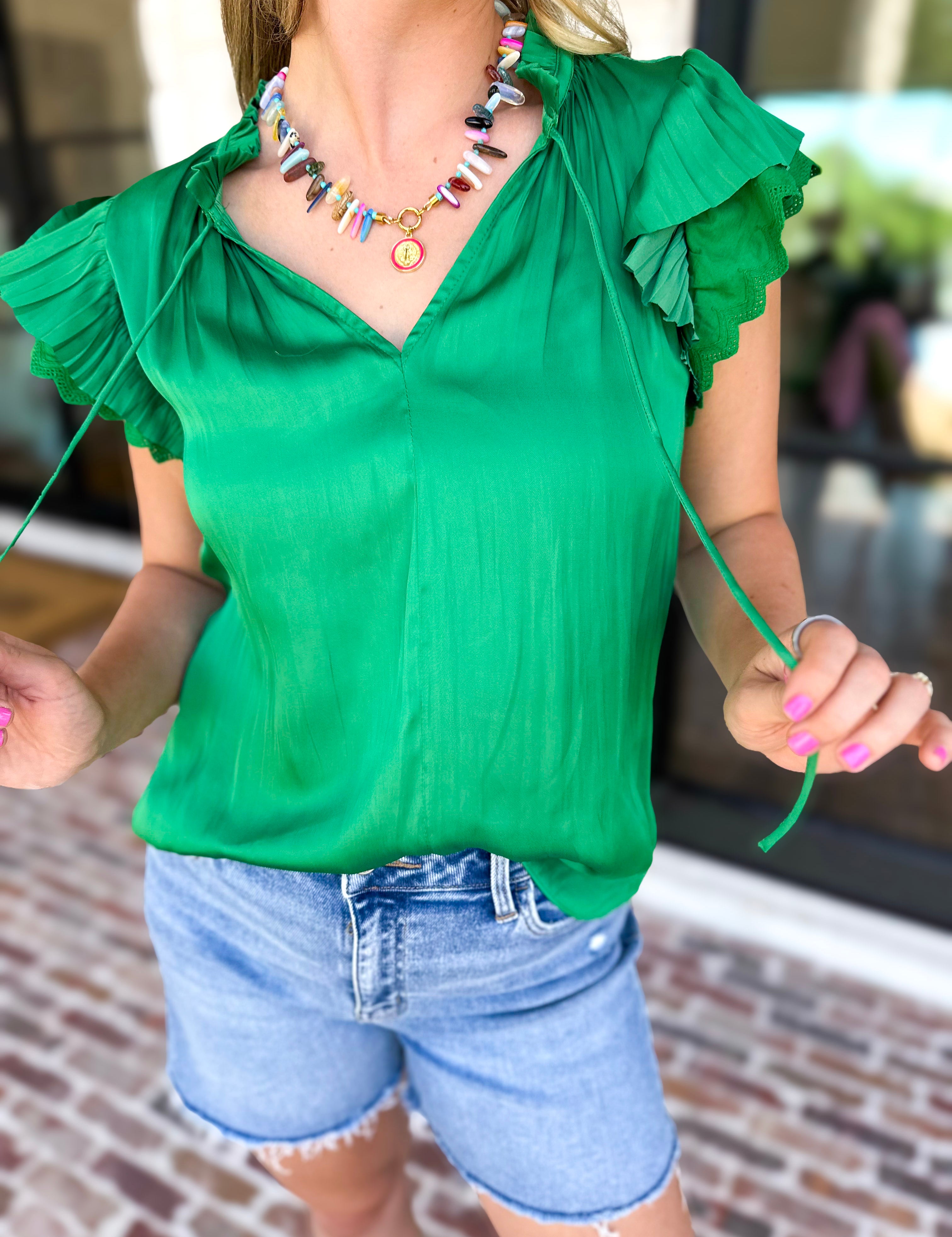 Current Air - Kelly Green Crochet Details Blouse-200 Fashion Blouses-CURRENT AIR CLOTHING-July & June Women's Fashion Boutique Located in San Antonio, Texas