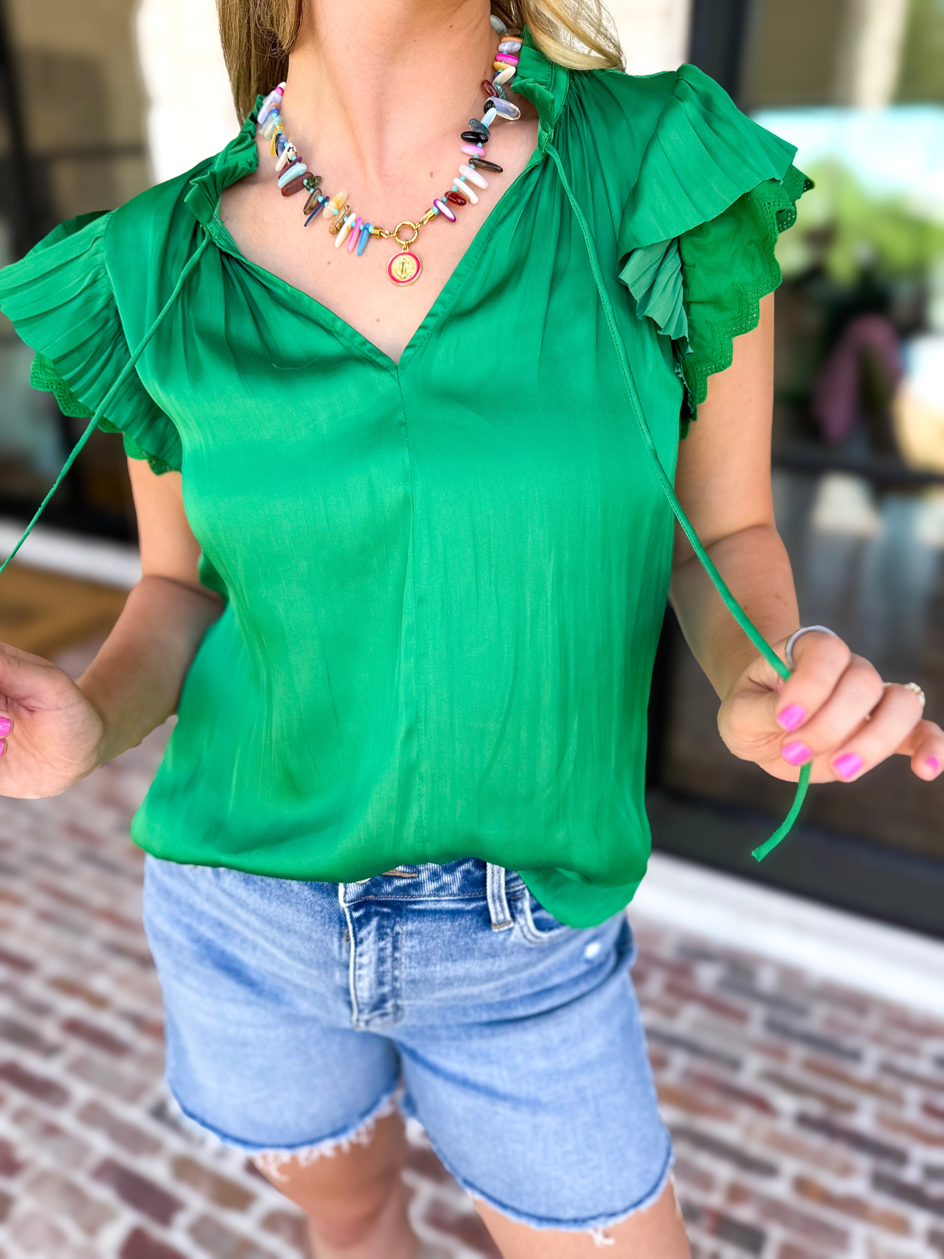 Current Air - Kelly Green Crochet Details Blouse-200 Fashion Blouses-CURRENT AIR CLOTHING-July & June Women's Fashion Boutique Located in San Antonio, Texas