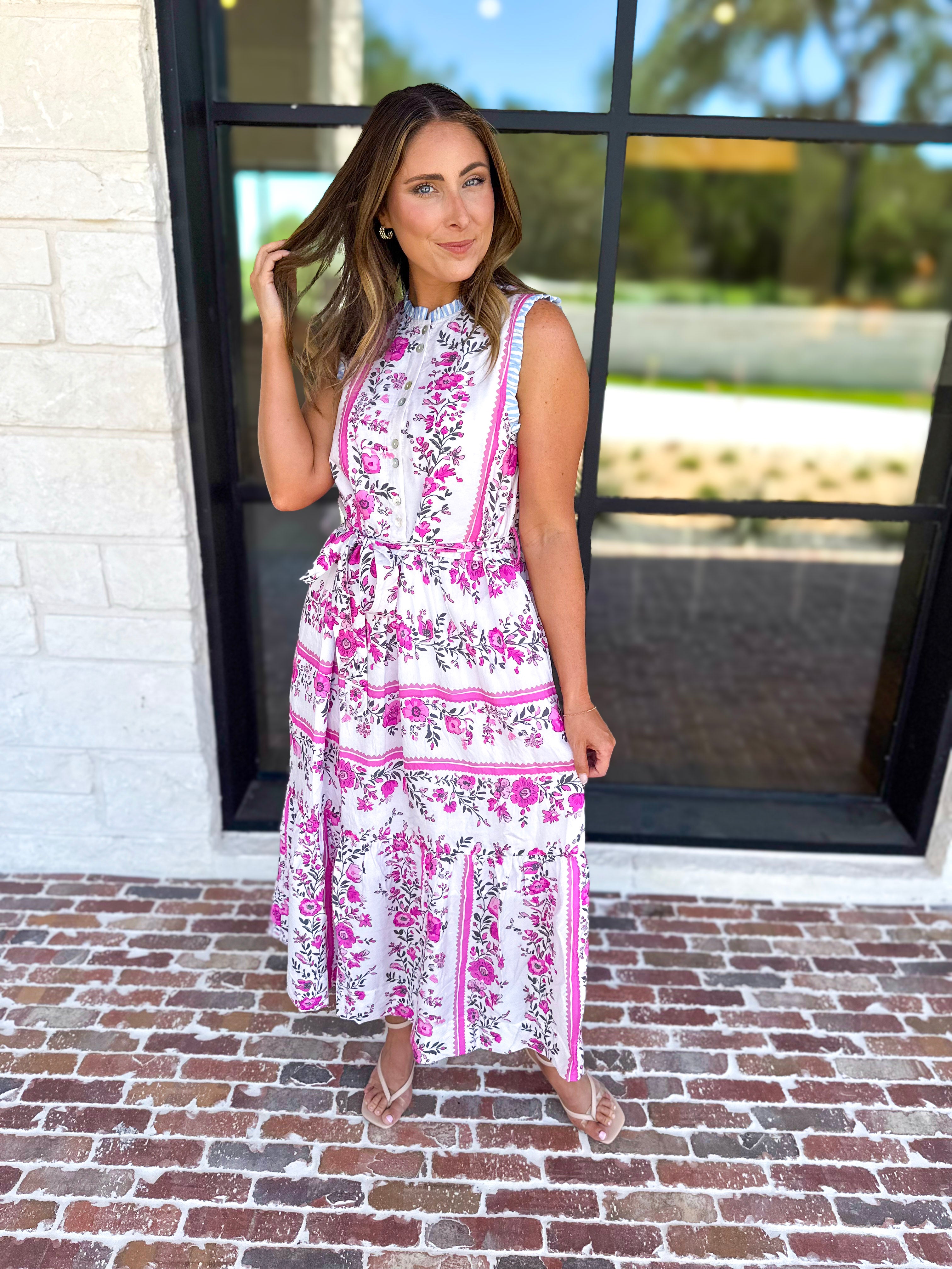 THML - Lillian Pink Floral Midi Dress-500 Midi-THML-July & June Women's Fashion Boutique Located in San Antonio, Texas