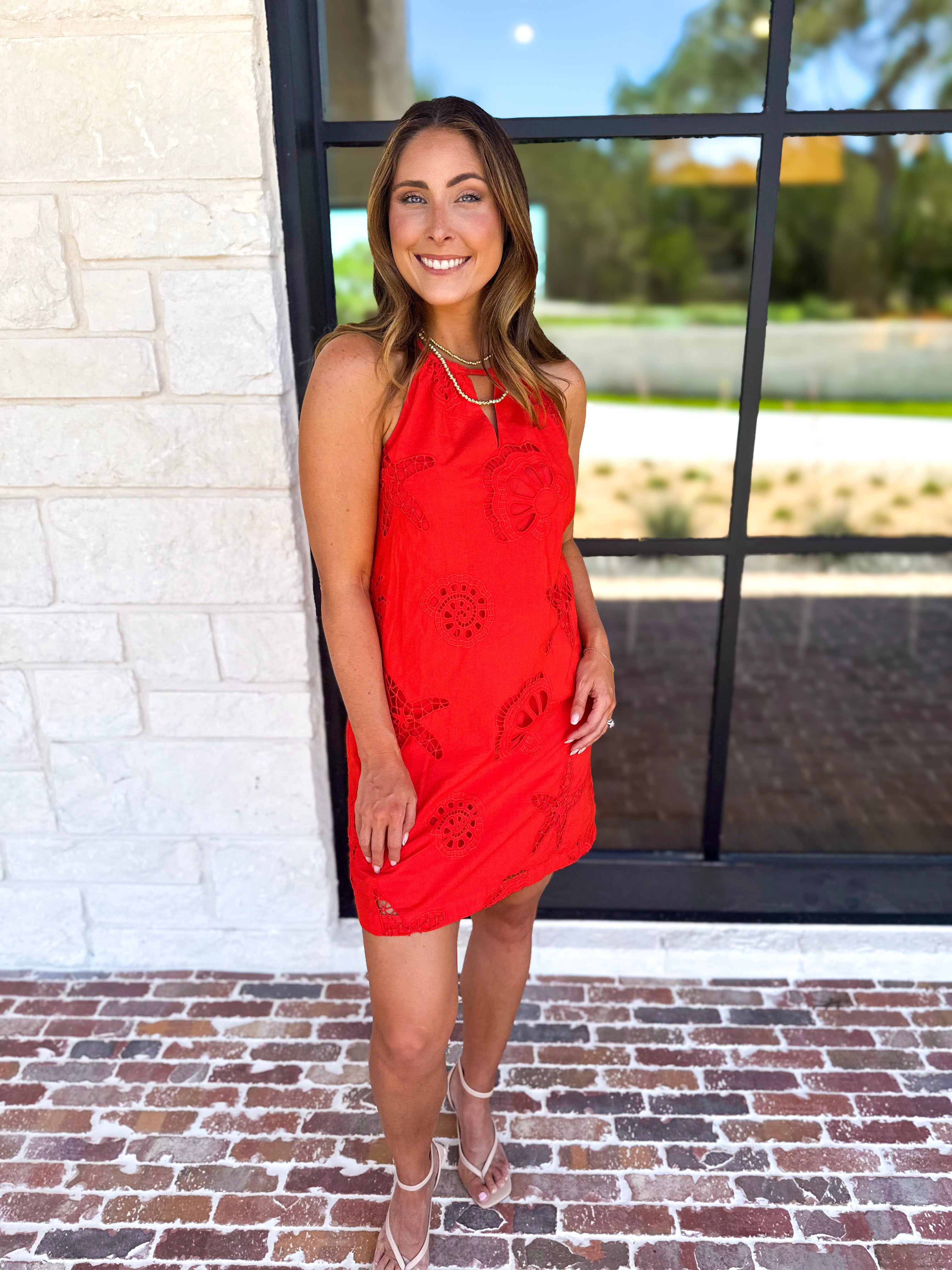 Beachy Red Halter Mini Dress-510 Mini-SKIES ARE BLUE-July & June Women's Fashion Boutique Located in San Antonio, Texas
