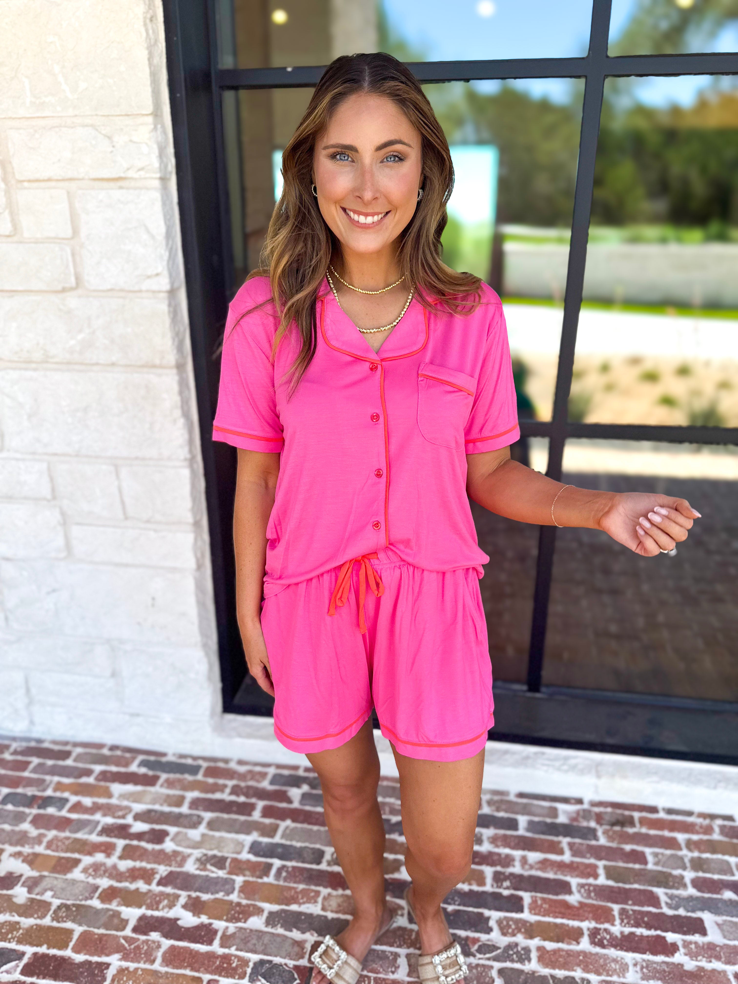 MARY SQUARE - Charlotte Hot Pink Shorts PJ Set-300 Athleisure/Lounge-MARY SQUARE-July & June Women's Fashion Boutique Located in San Antonio, Texas